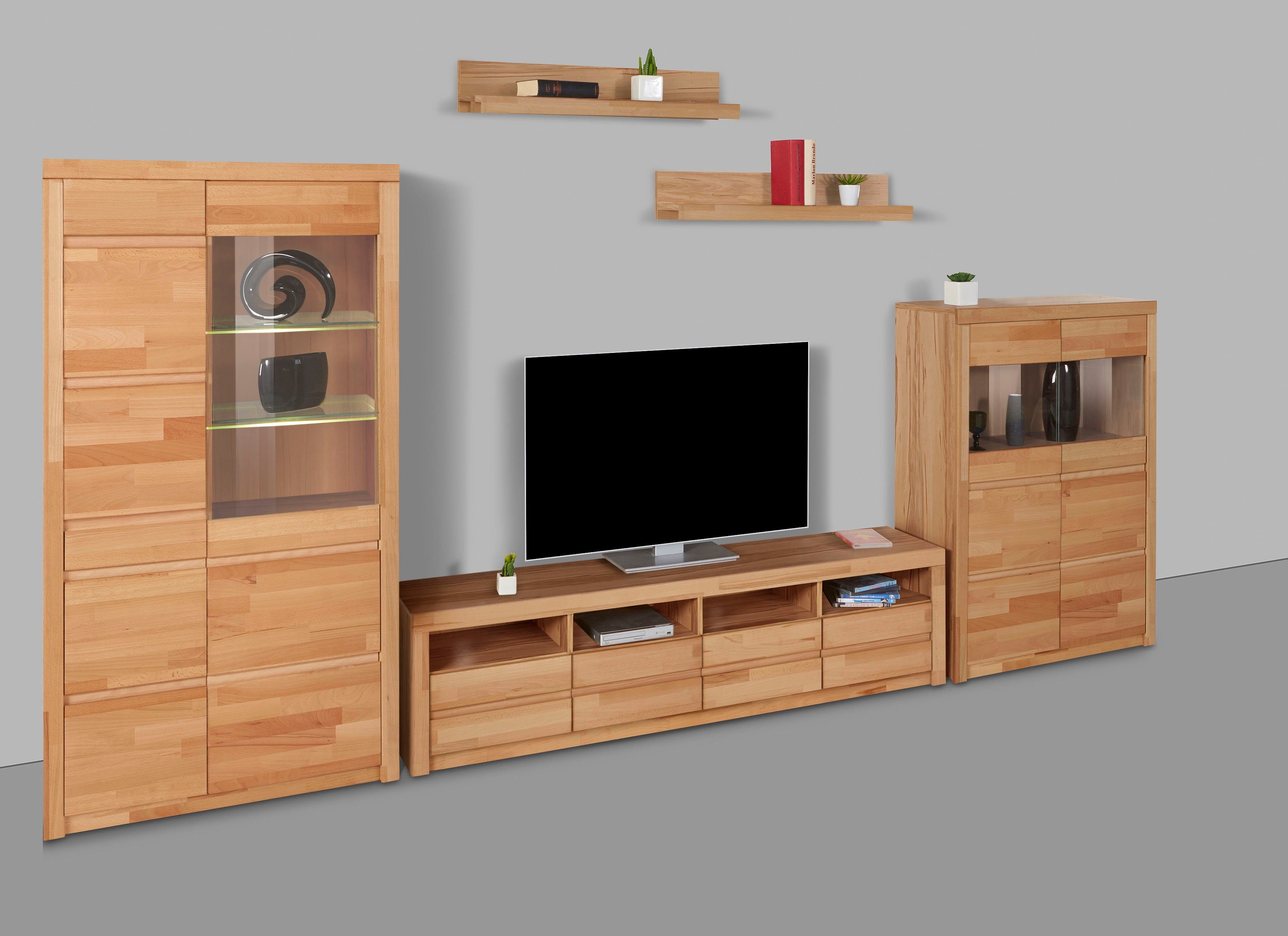 Home affaire Wandmeubel Silkeborg gedeeltelijk massief met mooie, greeploze look (set, 5-delig) tv-wandmeubels bruin