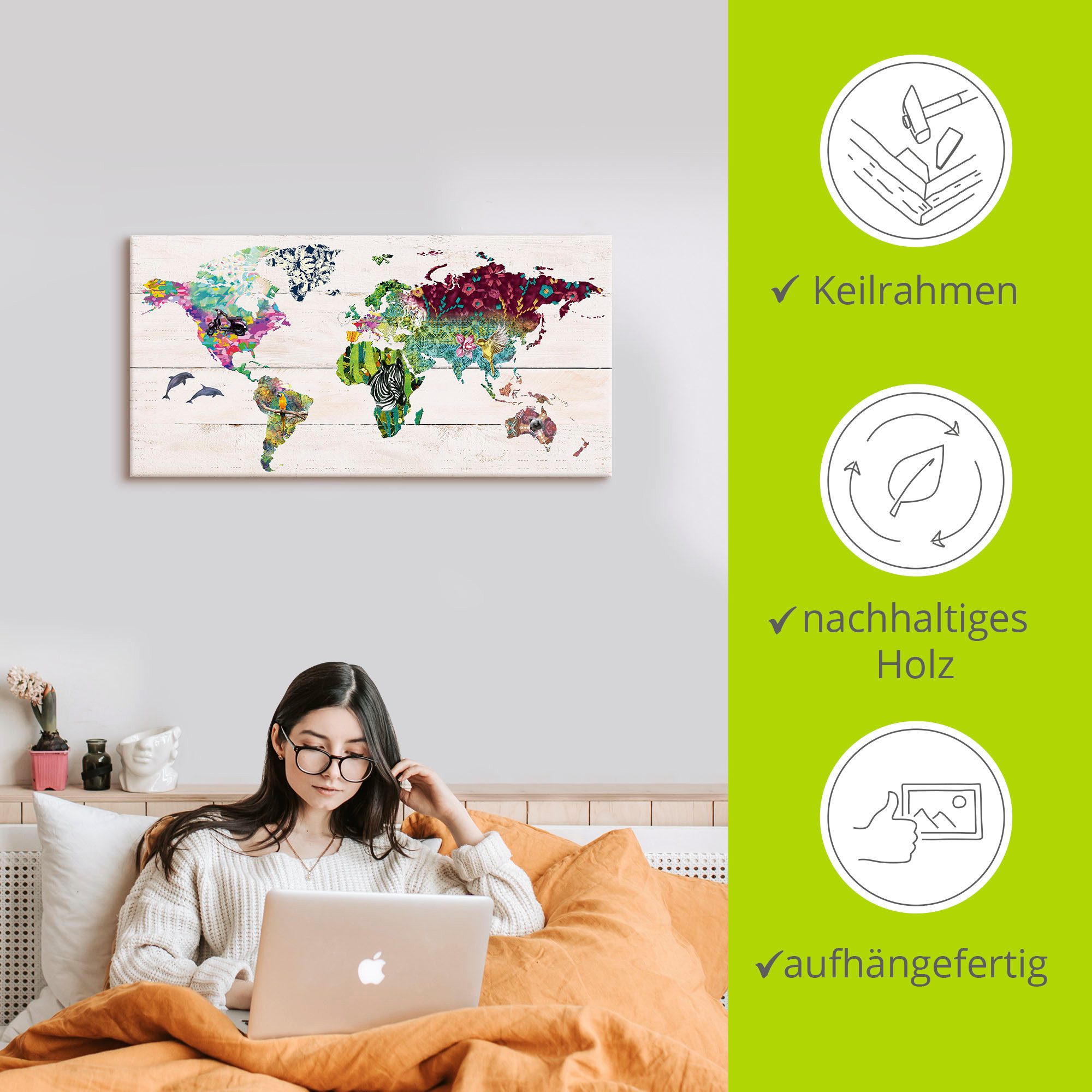 Artland Artprint Veelkleurige wereld op houten ondergrond als artprint op linnen, poster in verschillende formaten maten
