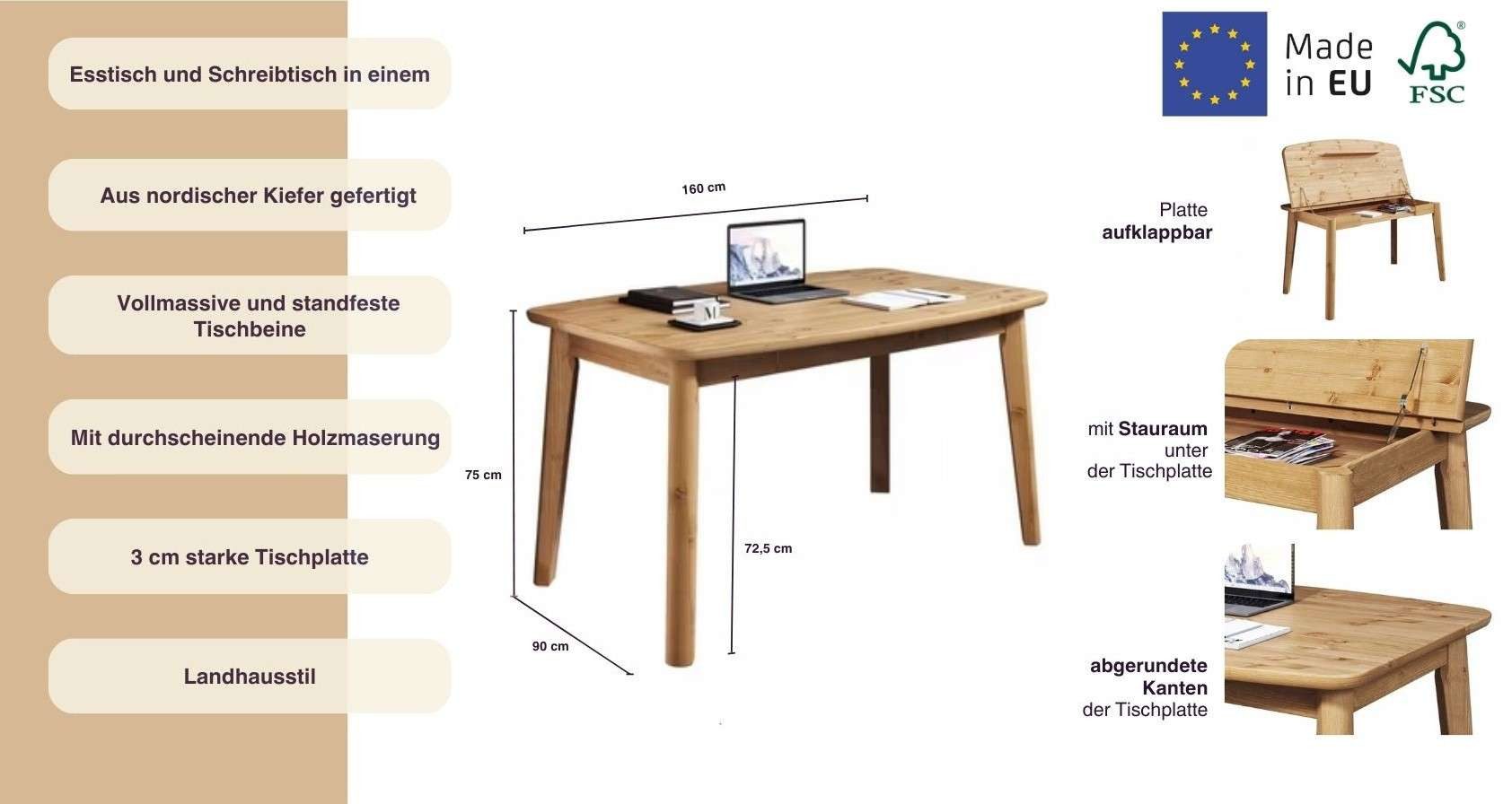 Home affaire Eettafel Palermo, multifunctionele tafel, werktafel, bureau met opbergruimte, opklapbaar blad, home office bureau, massief hout