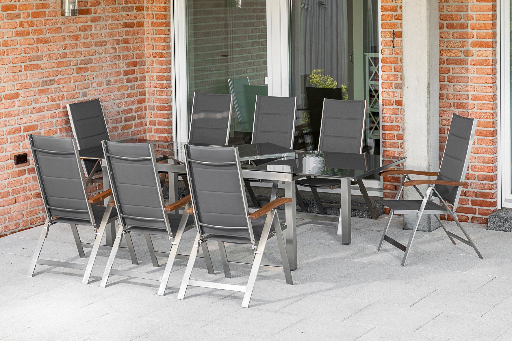 MERXX Tuin-eethoek Ferrara 8 klapstoelen, uittrekbare tafel (9-delig)