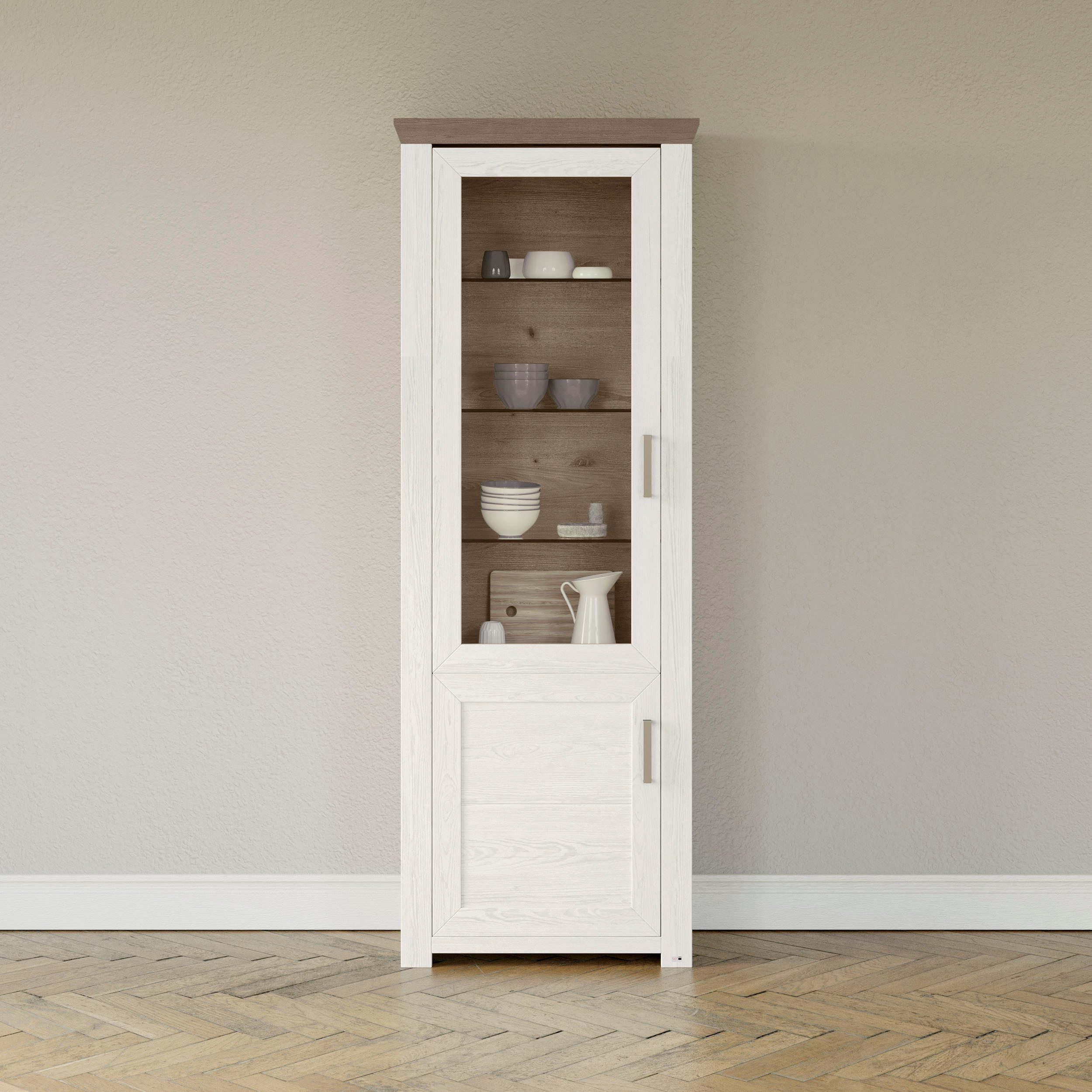 set one by Musterring Staande vitrinekast York Type 01, met glazen deur, verlichting optioneel, landhuisstijl, hoogte 207 cm vitrinekasten wit