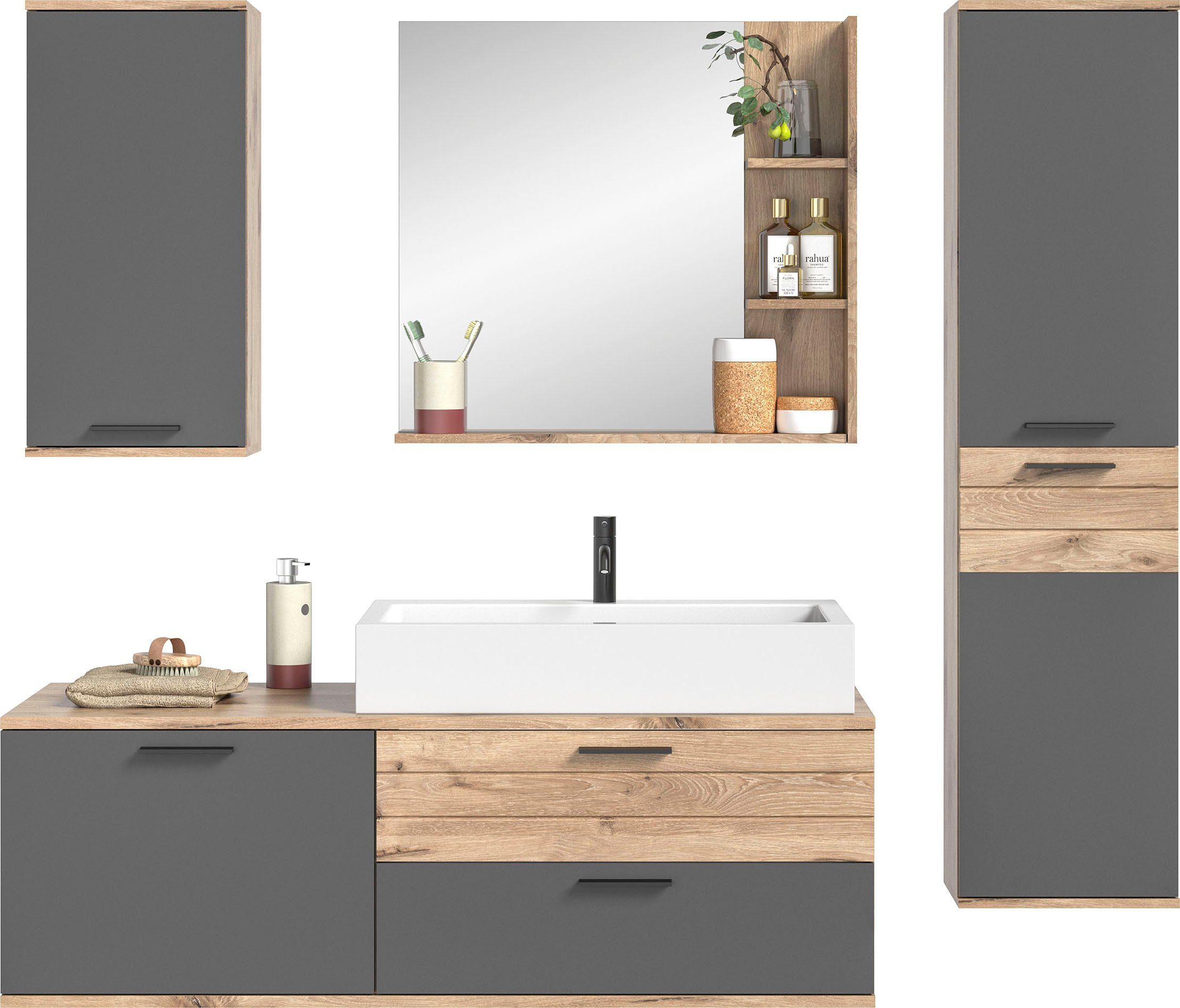 INOSIGN Badkamerserie Riga, 4-delig, inclusief keramisch opzetwastafel, bestaande uit: (set, 4-delig) badmeubelsets bruin