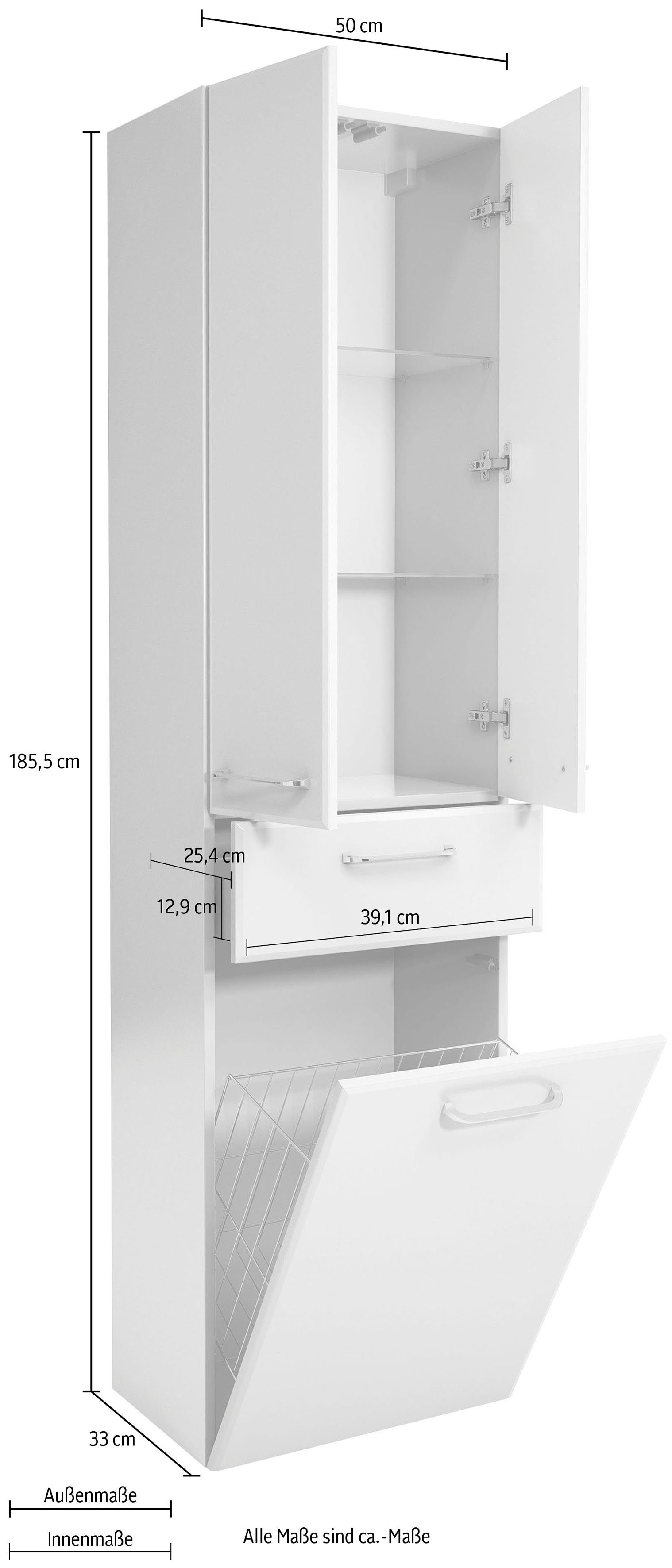 Saphir Hoge kast Quickset badkamermeubel 50 cm breed, 2 deuren, 1 lade, 1 waslade Hoge badkamerkast inclusief deurdemper, grepen in glanzend chroom