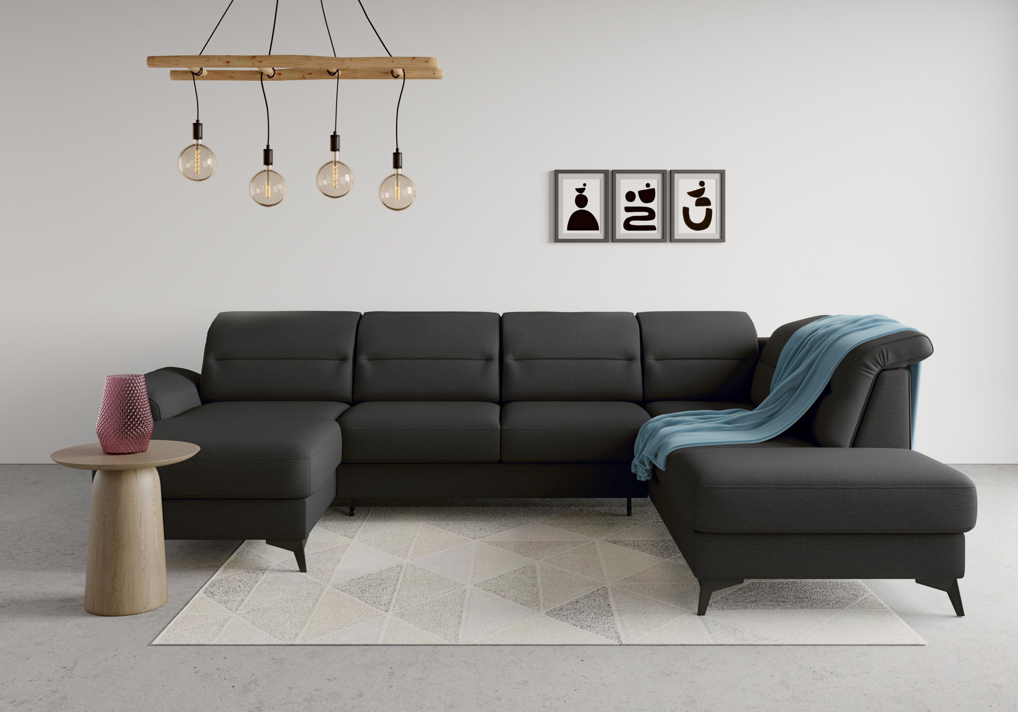 sit&more Zithoek Sinatra U-vorm optioneel met verstelbare hoofdsteun en armleuning, metalen poten zwart, zithoeken, Breedte ligoppervlak: 121 cm,