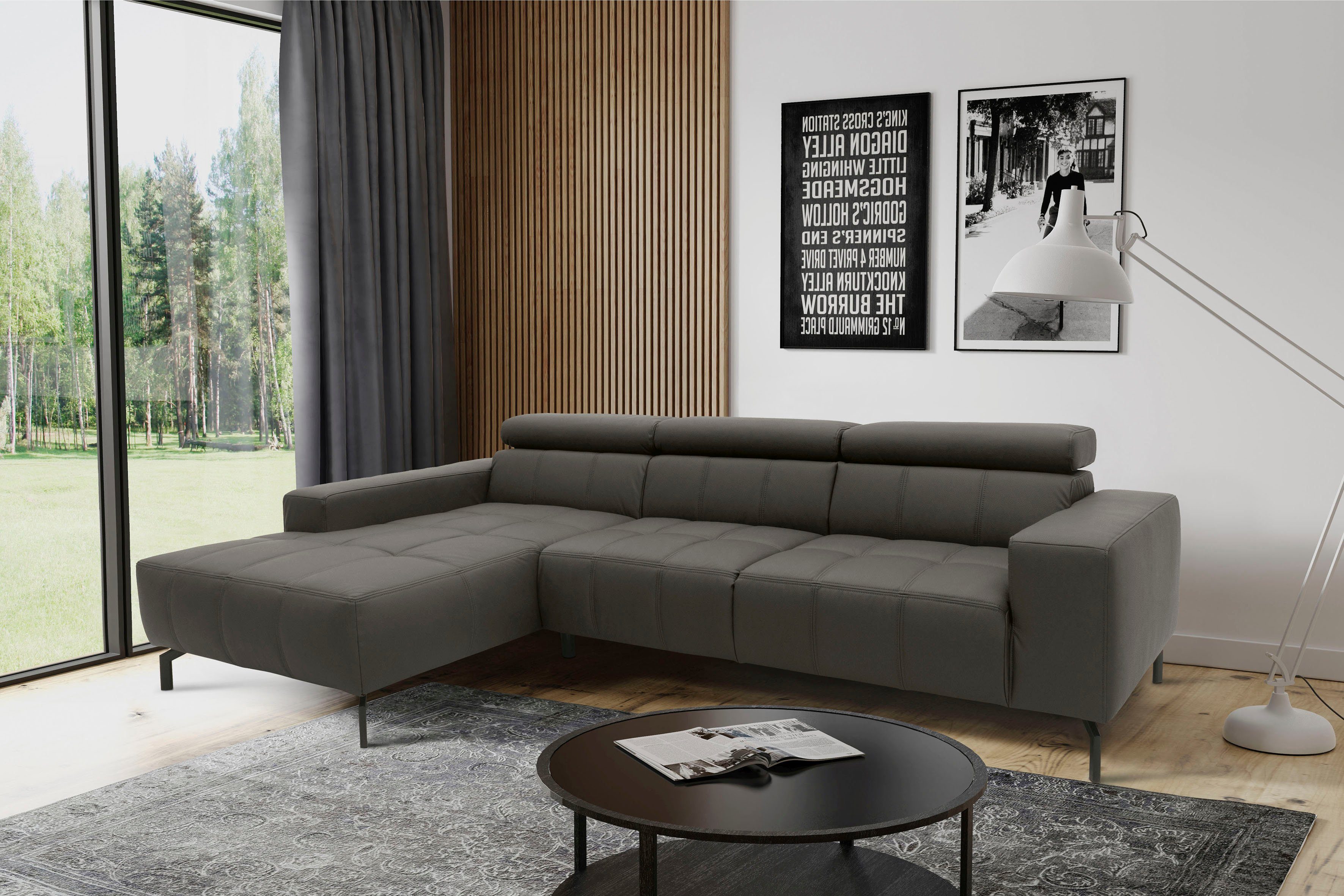 DOMO collection Hoekbank Cunelli mooie zitnaden als designelement, stevige zitcomfort, L-vorm grijs, hoekbanken, Zonder verstelling van het hoofdeind,