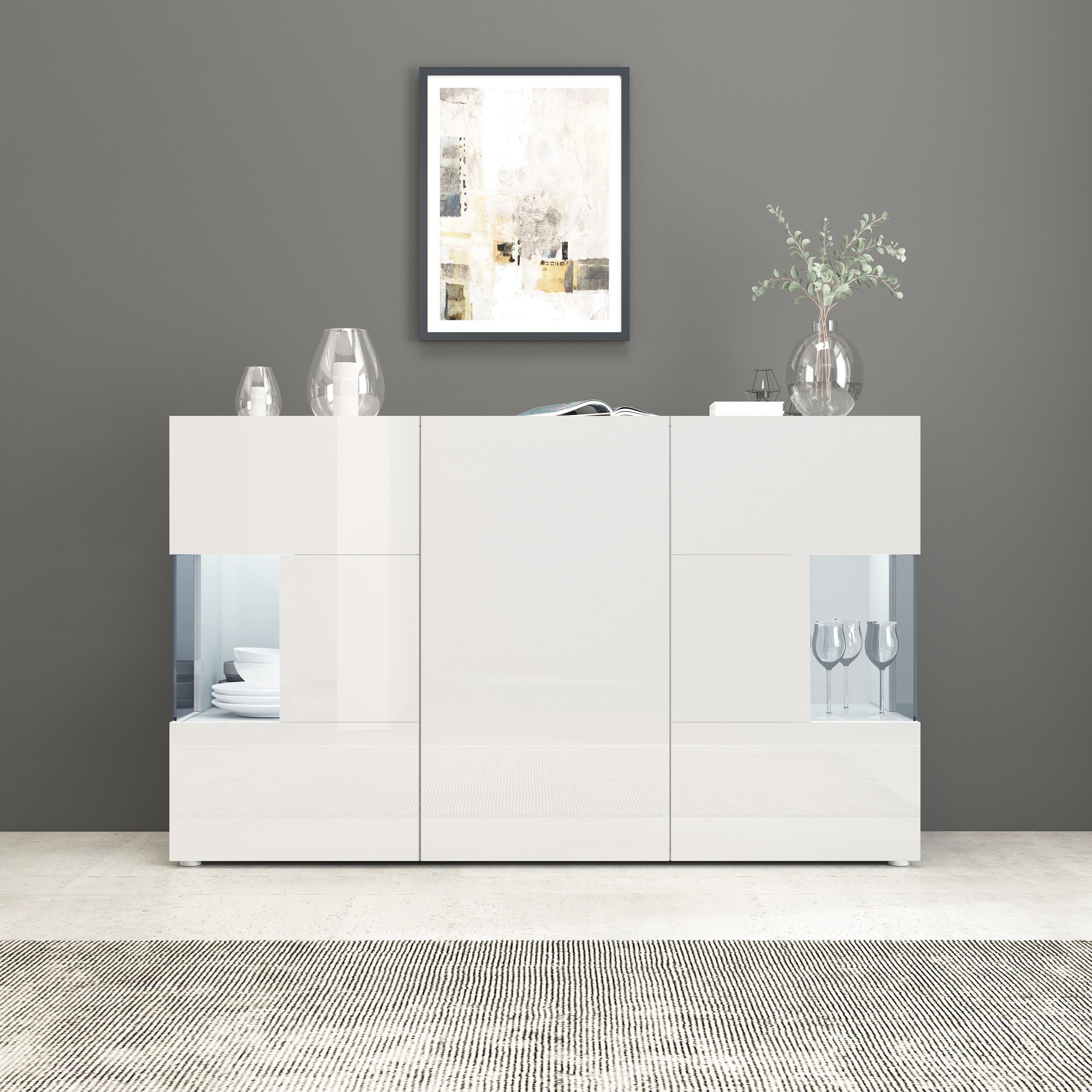 INOSIGN Dressoir Egypte, Ladekast, Kast, Buffet, Vitrine greeploos 3 deuren waarvan 2 met glaselement, volledig hoogglans gelakt breedte 135