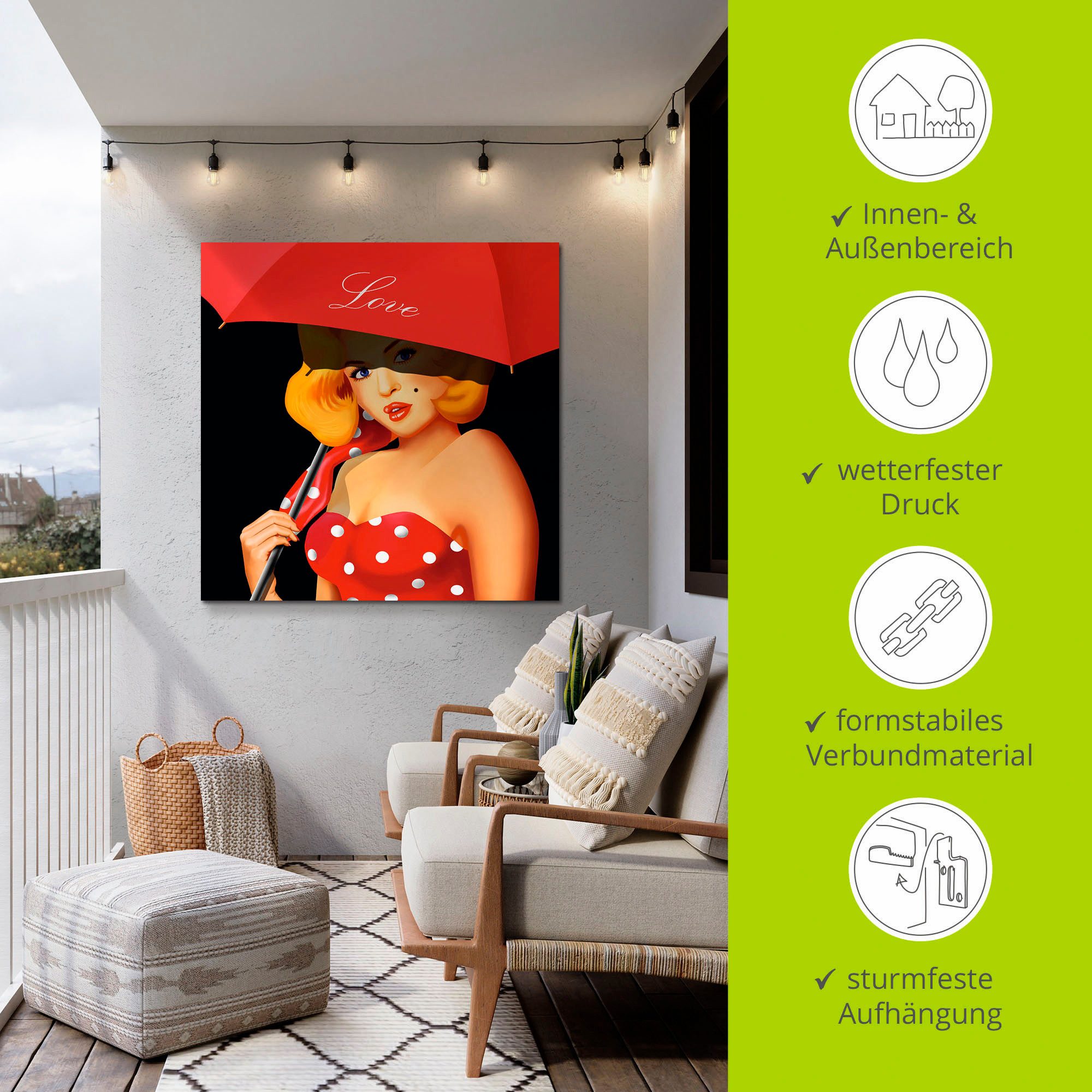 Artland Artprint Pin-upgirl onder rode paraplu als artprint van aluminium, artprint voor buiten, artprint op linnen in verschillende maten