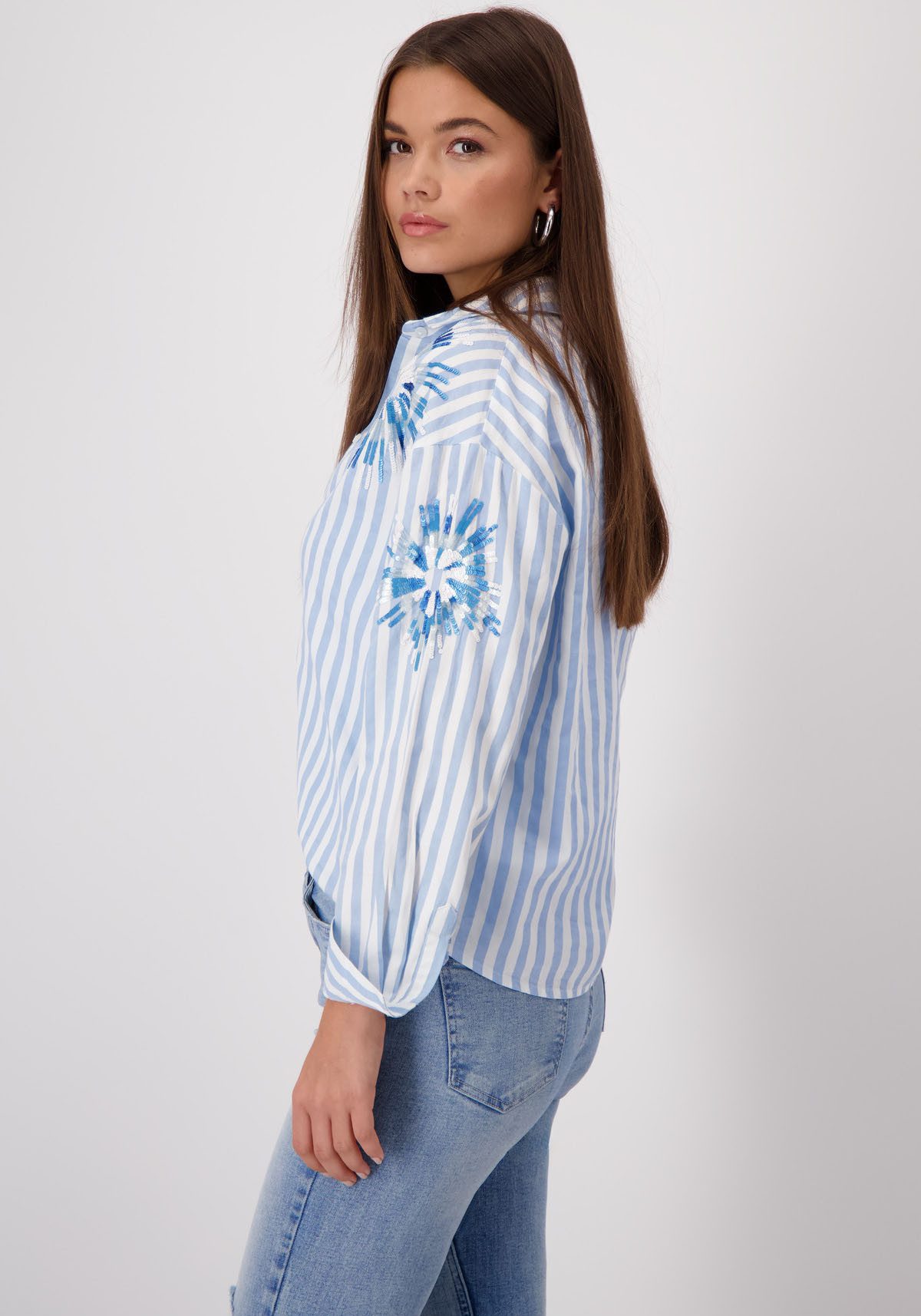 Monari Overhemdblouse met strepen en bloemenborduursel