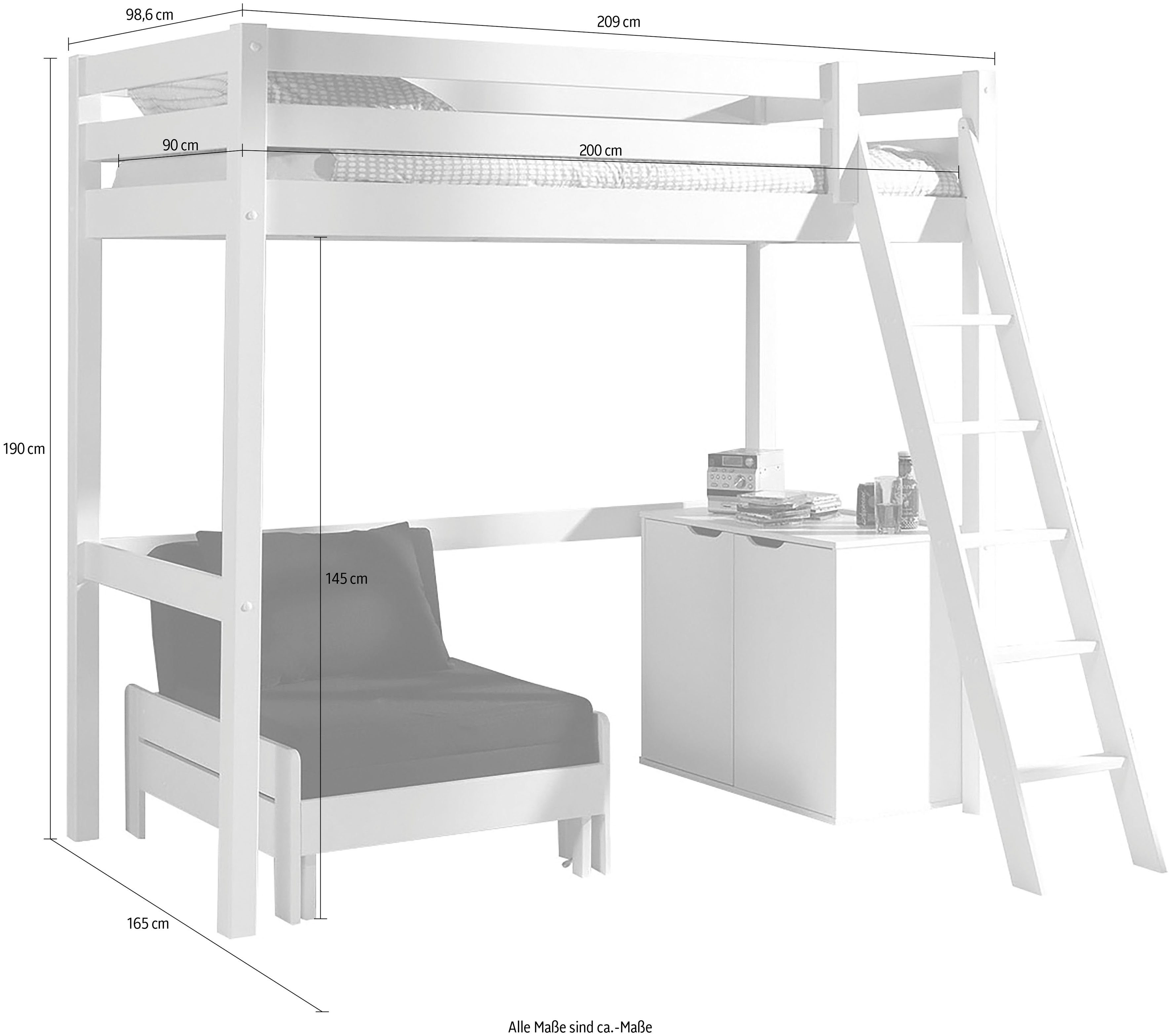 Vipack Hoogslaper met 90x 200 cm ligoppervlak, grijs of wit gelakt
