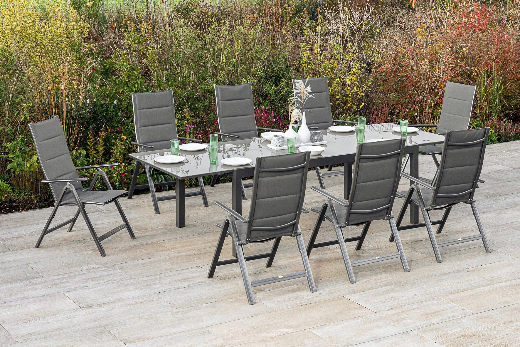 MERXX Tuin-eethoek Taviano 8 klapstoelen, 5-voudig verstelbaar, uitschuifbare tafel (set, 9-delig) tuinsets