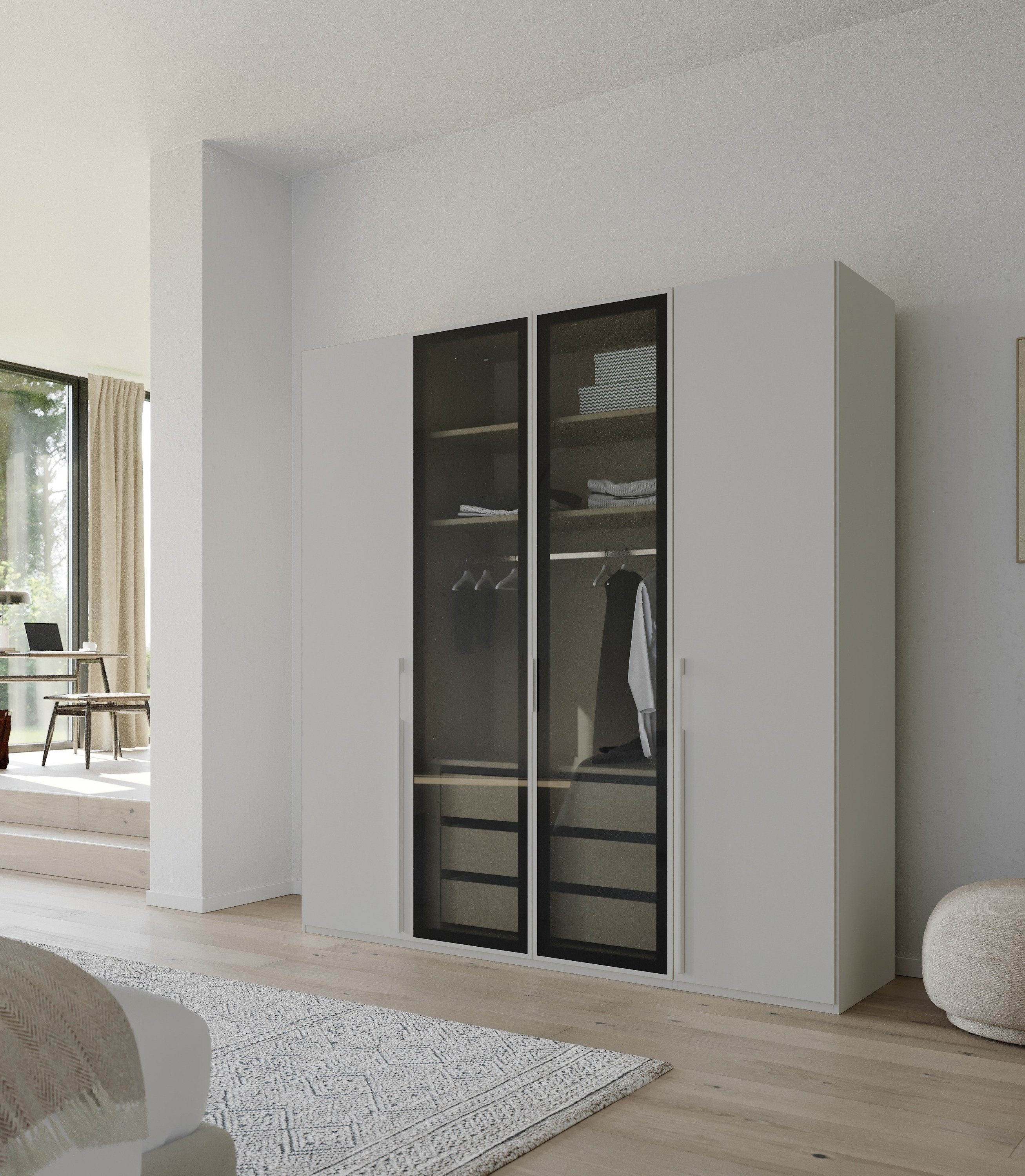 rauch Draaideurkast Kledingkast kast garderobe SKAT SHINE met hoogwaardige, transparant grijs glas inclusief uitgebreid toebehoren made in germany
