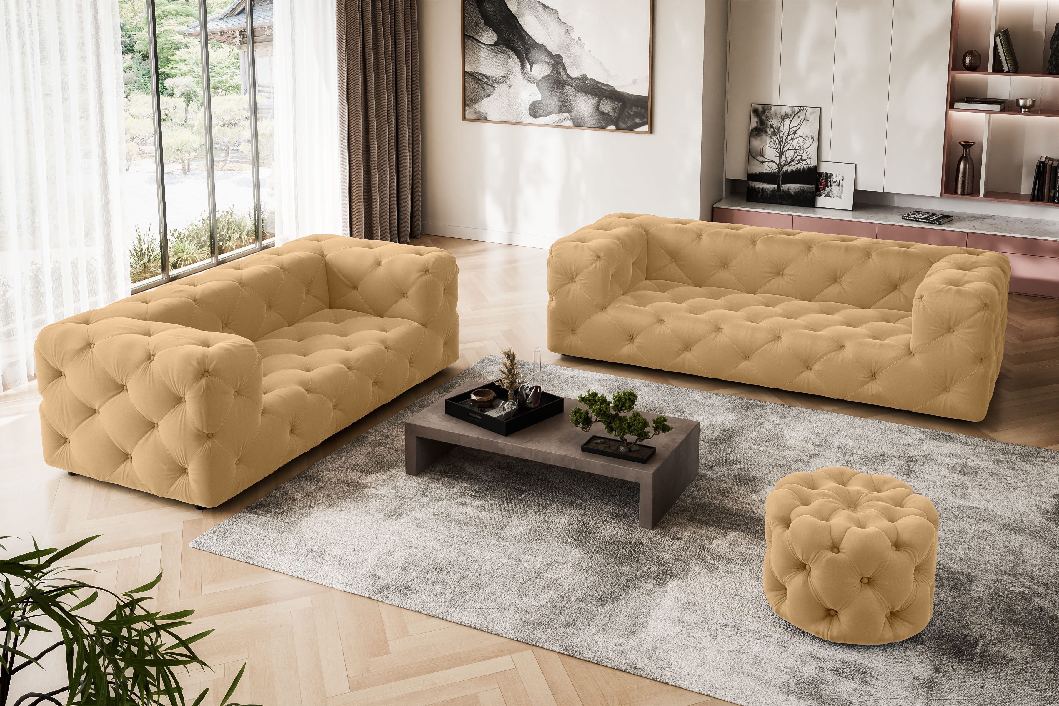 Places of Style 2-zitsbank FOLLINA 2-zits bank met klassieke chesterfield knoopverwerking goud(kleur), 2-zitsbanken