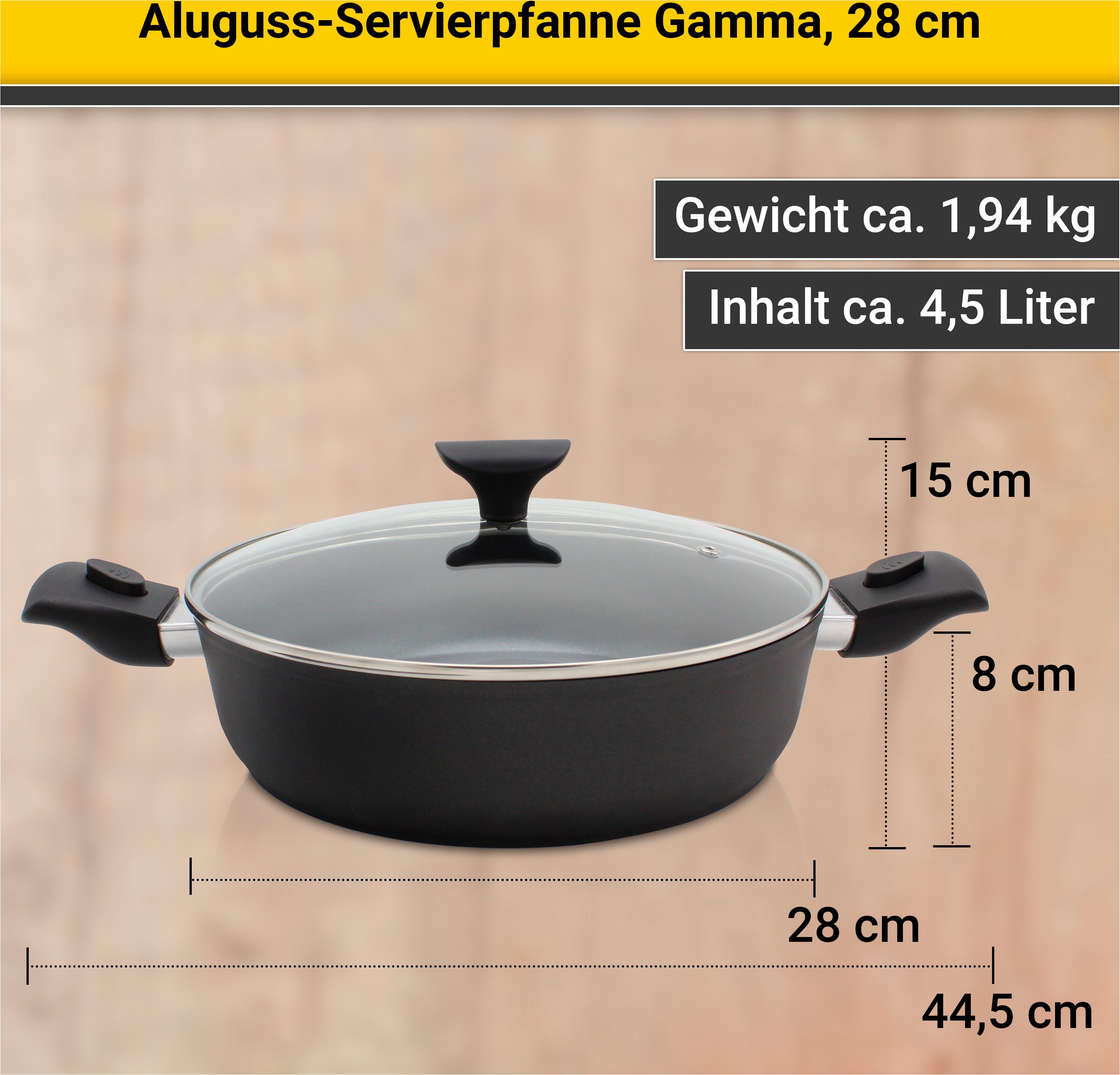 Krüger Serveerpan Aluminium pan GAMMA met glazen deksel, 28 cm, met afneembare handgrepen