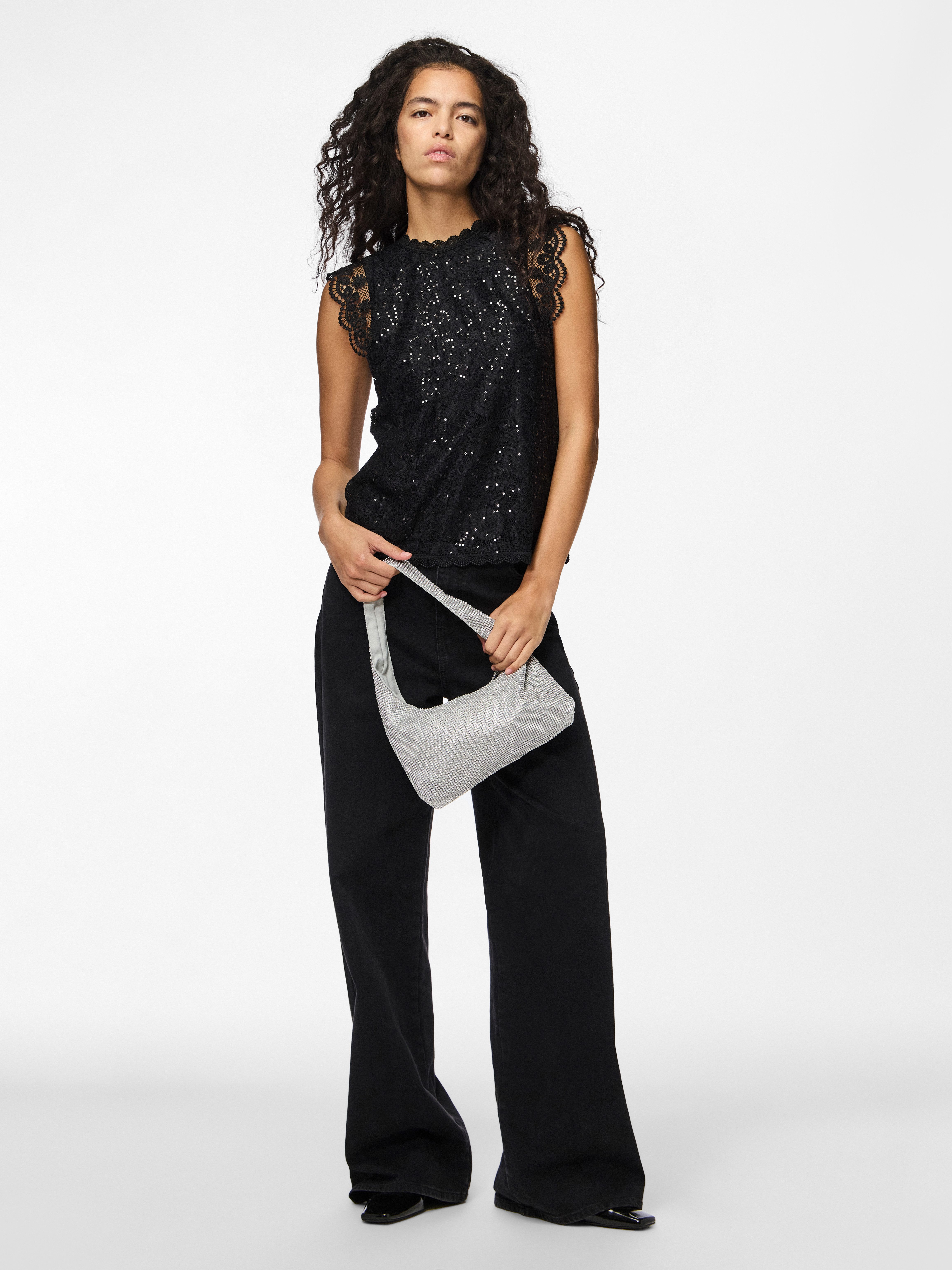 pieces Kanten top PCOLLINE SL LACE SEQUINS TOP NOOS