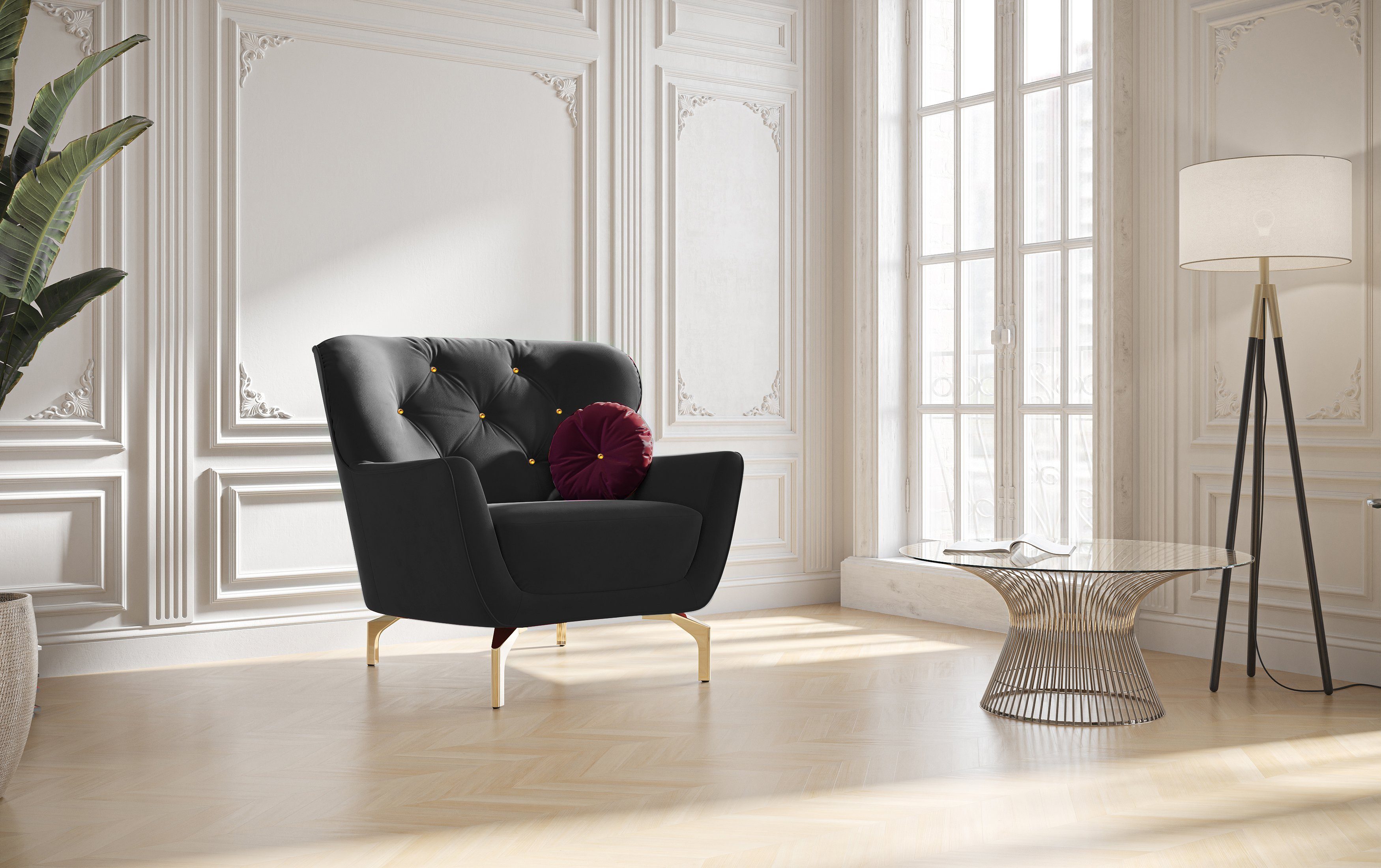 sit&more Fauteuil Orient 3 inclusief 1 sierkussen met strassteentjes, goudkleurige metalen poten