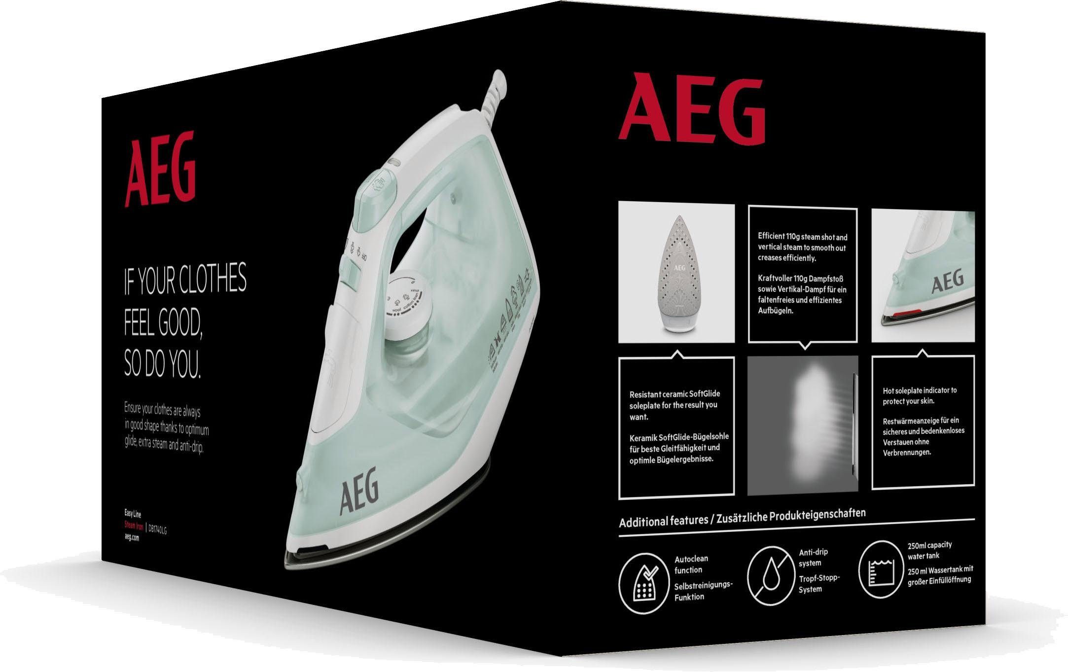 AEG Stoomstrijkijzer EasyLine DB 1740LG Filtering met anti-kalkenpatroon, restwarmteaanduiding, 110 g stoomstoot