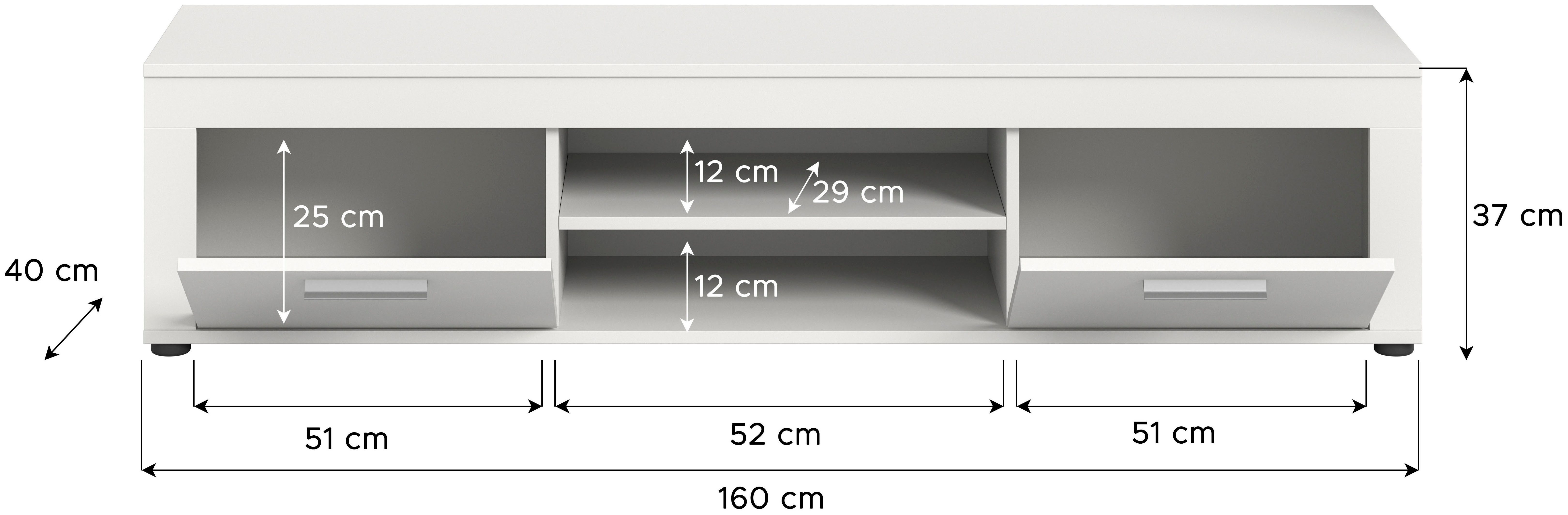 INOSIGN Tv-meubel Aosta, breedte 160 cm, in verschillende kleuruitvoeringen met 2 kleppen en 2 open vakken, tv-bord, mediabord, tv-meubel