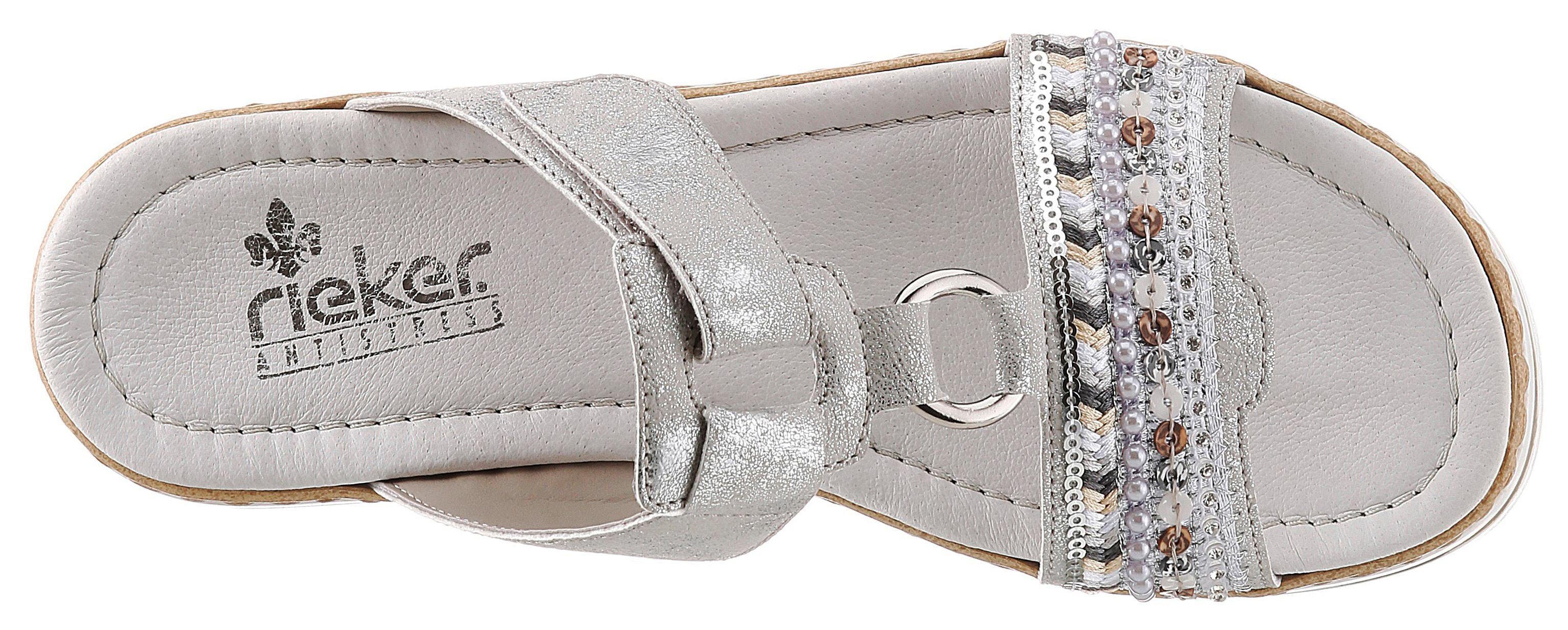 Rieker Slippers , plateau, zomerschoen, pantoffels met decoratieve parels en pailletten