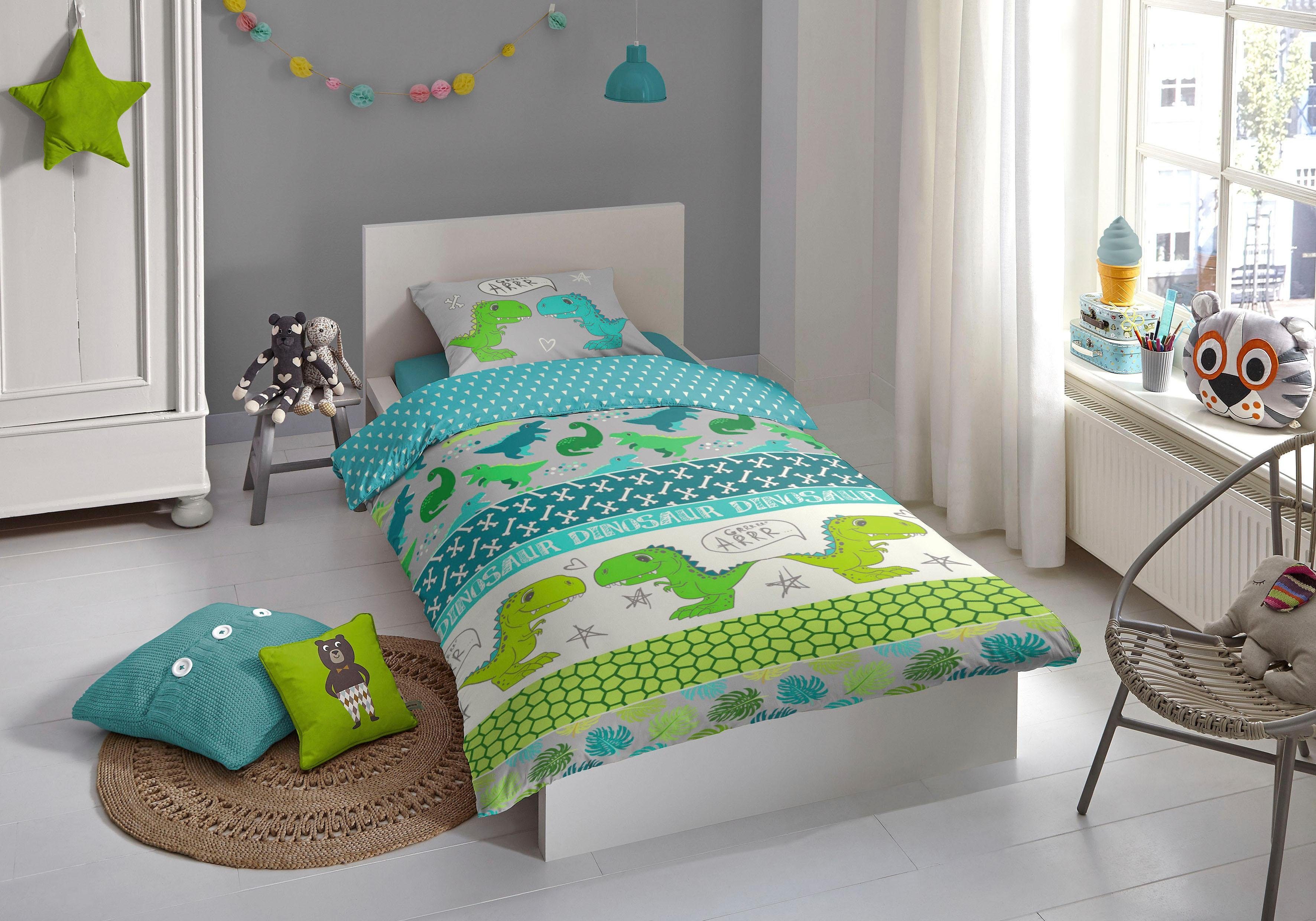 good morning Kinderovertrekset Dinosaur Katoen, 135x200, Rits, Omkeerbaar, Kind, Jongens, Dinosaurus Groen (2-delig)