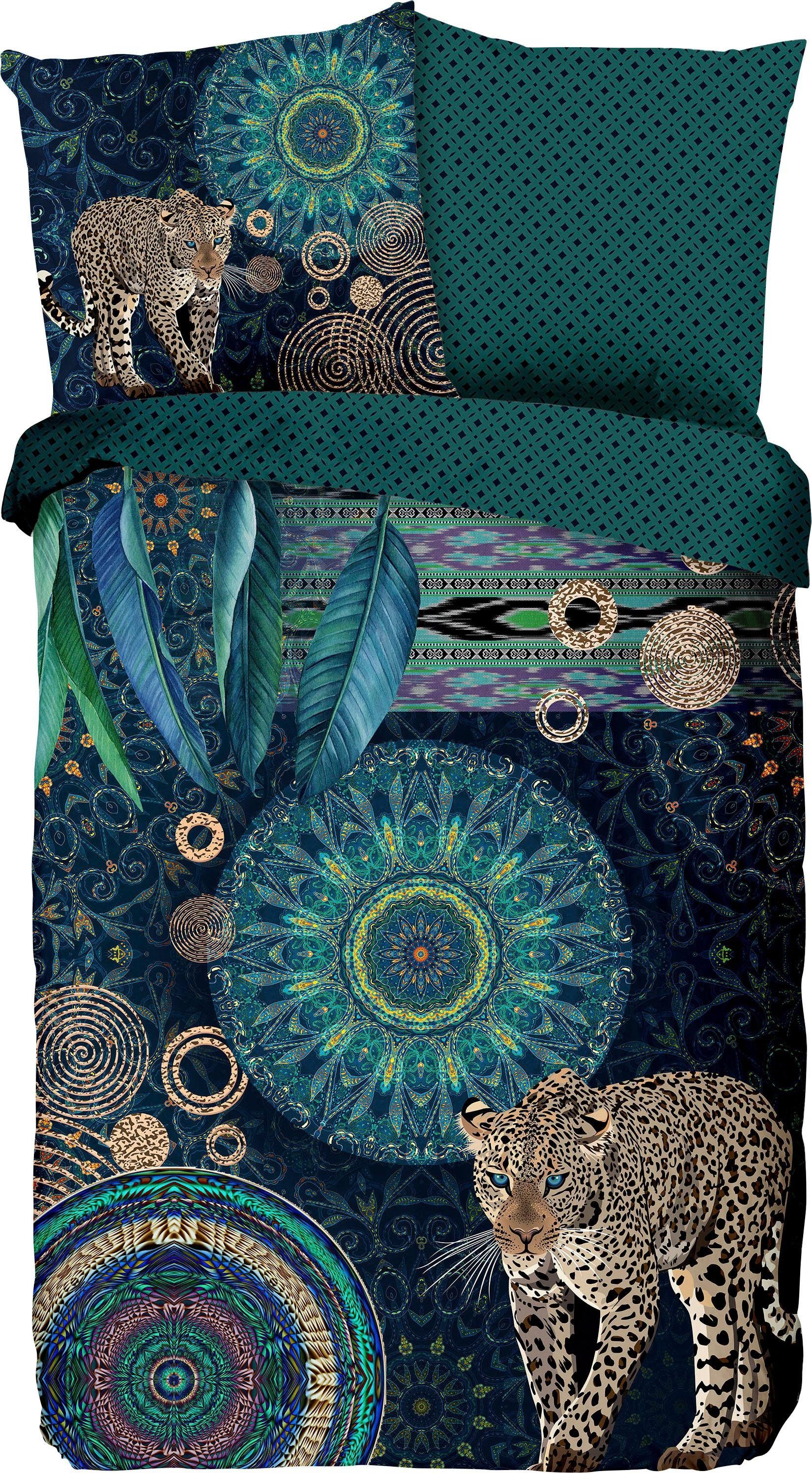hip Tweezijdig te gebruiken overtrekset Imena Mako-satijn, 155x220, Rits, Omkeerbaar, Mandala, Luipaard, Petrol dekbedovertrekken maat 1x 155x220 cm