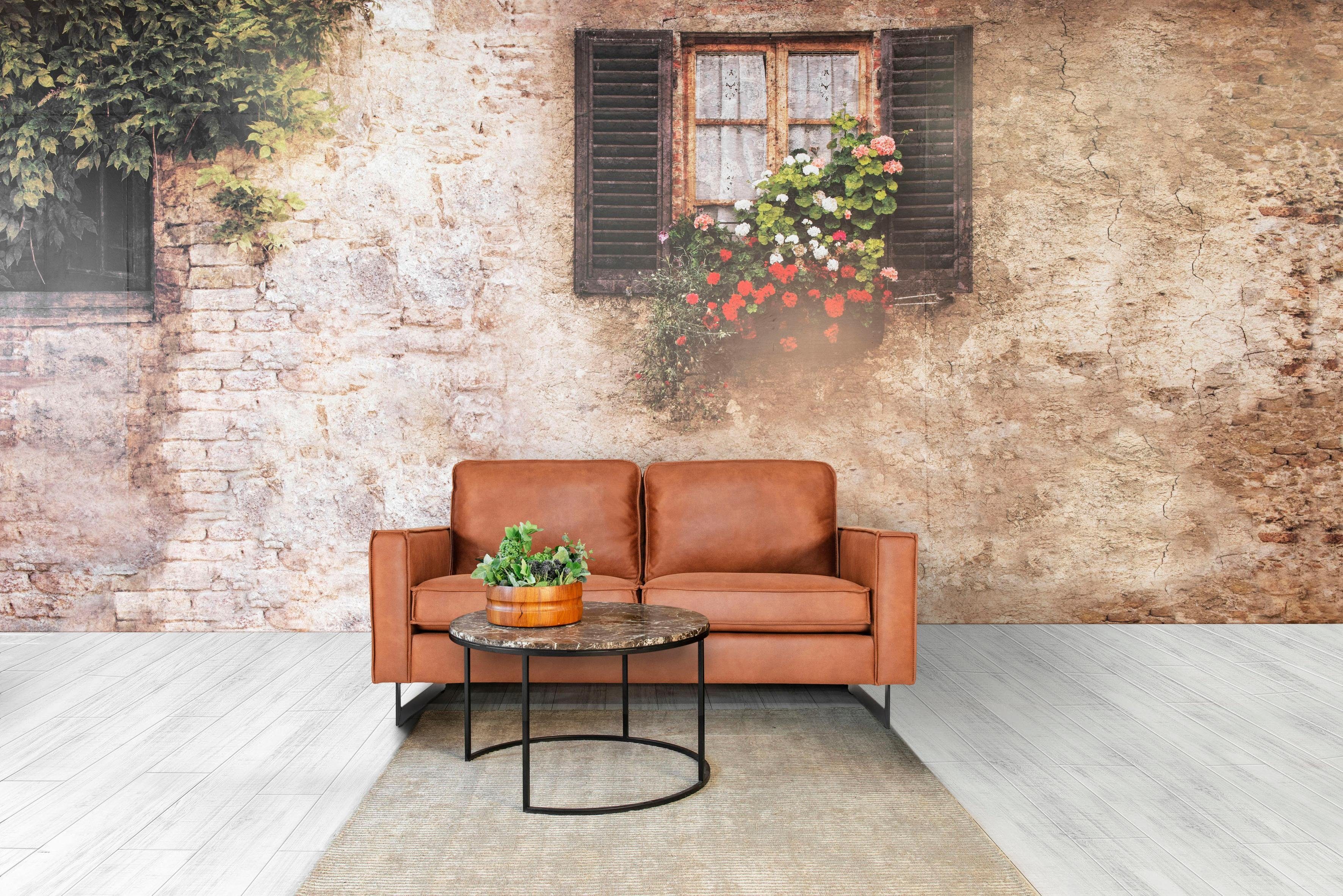 Places of Style 2-zitsbank Pinto, 166 cm, cord, chenille, leerlook met keder, zwarte metalen voeten, golfondersteuning