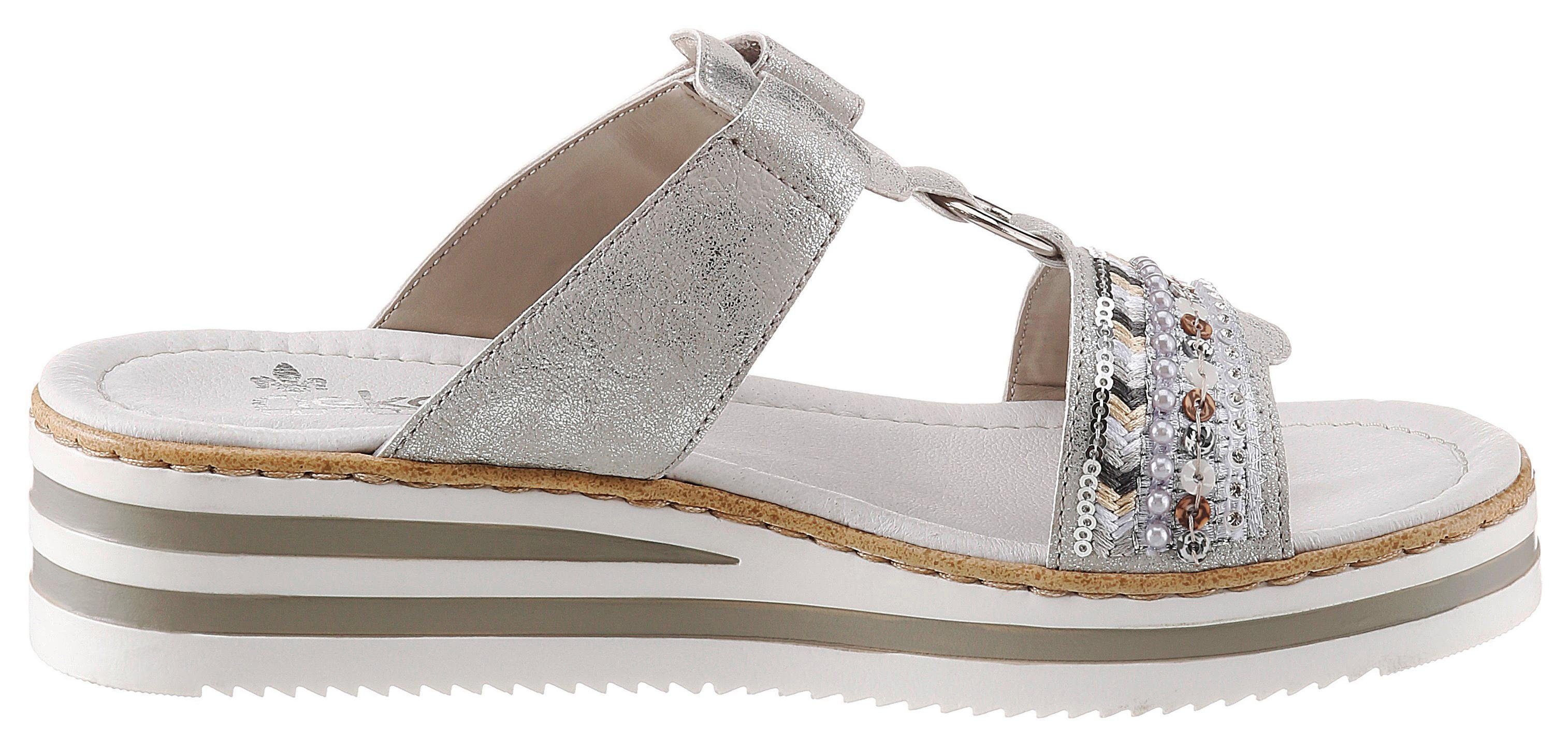Rieker Slippers , plateau, zomerschoen, pantoffels met decoratieve parels en pailletten