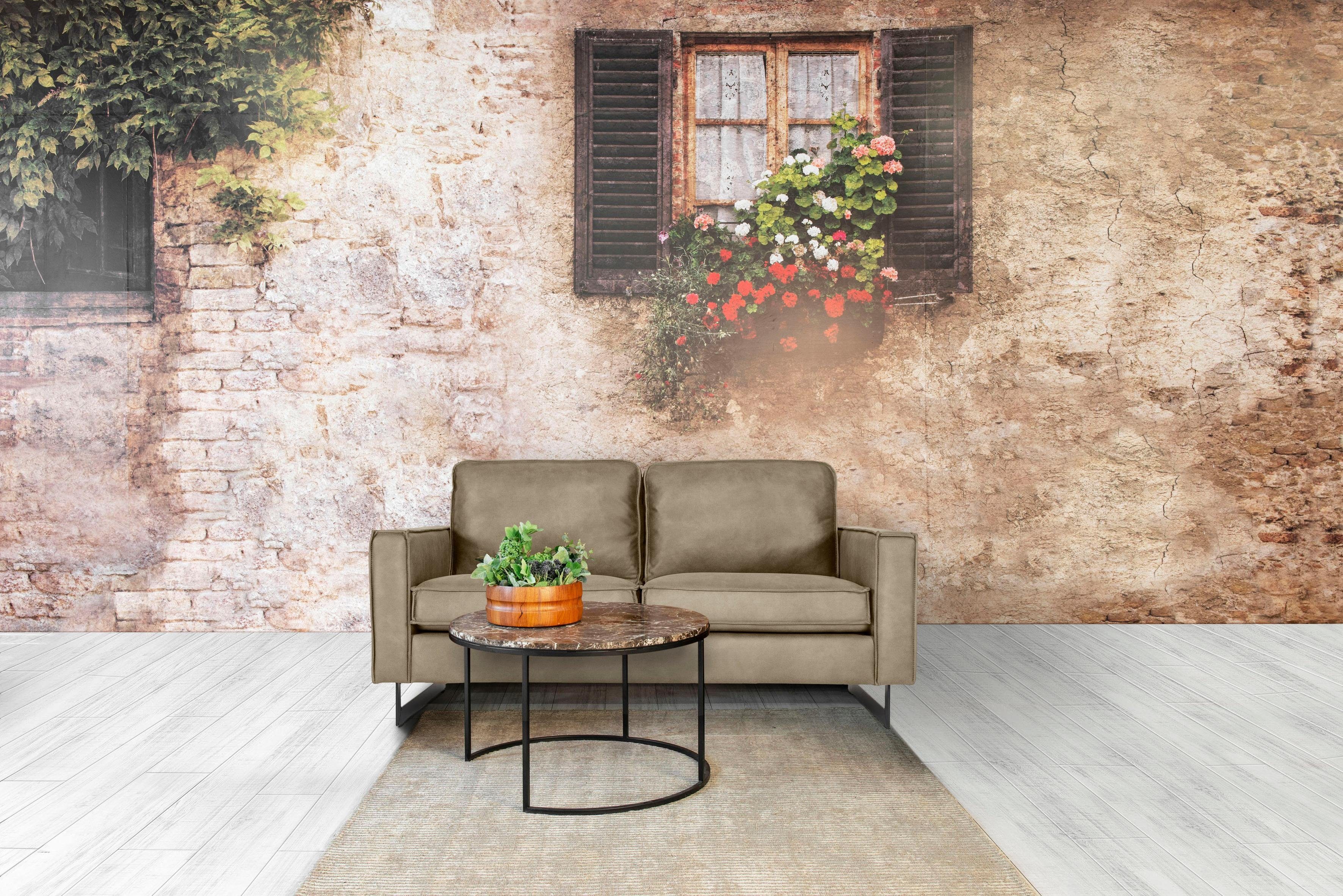 Places of Style 2-zitsbank Pinto, 166 cm, cord, chenille, leerlook met keder, zwarte metalen voeten, golfondersteuning