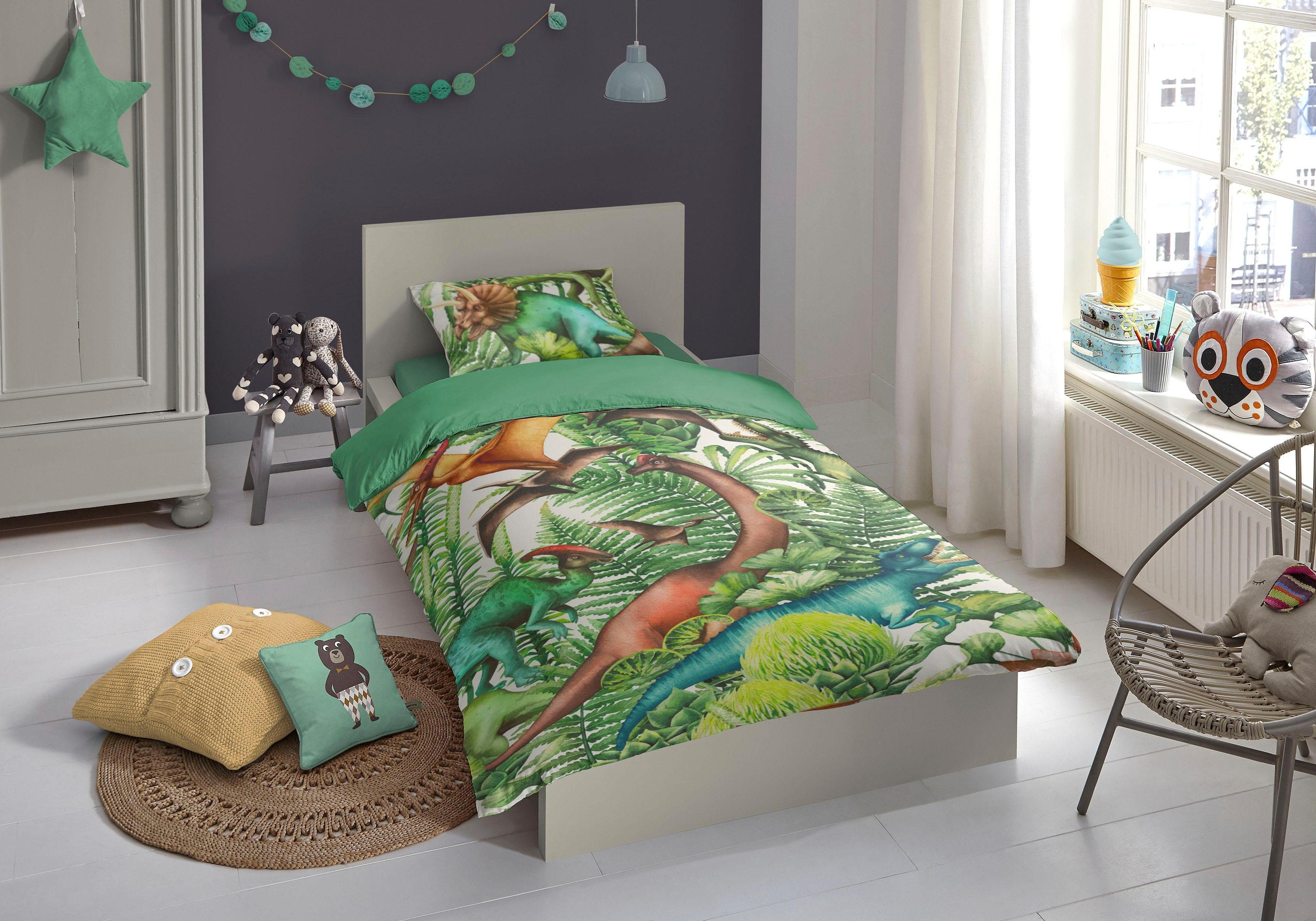 good morning Kinderovertrekset Prehistoric Katoen, 135x200, Rits, Omkeerbaar, Kind, Jongens, Dinosaurus Groen (2-delig)