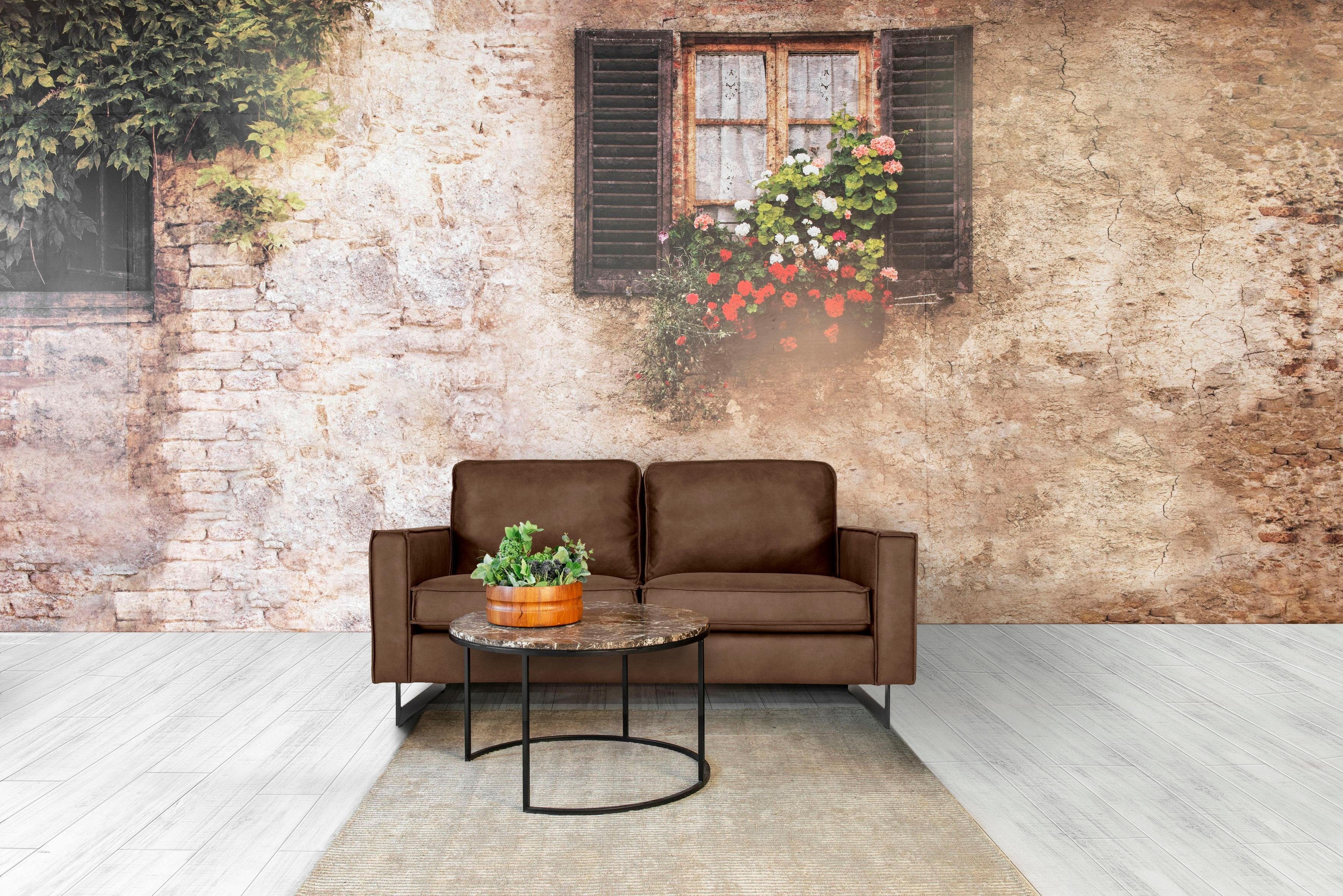 Places of Style 2-zitsbank Pinto, 166 cm, cord, chenille, leerlook met keder, zwarte metalen voeten, golfondersteuning