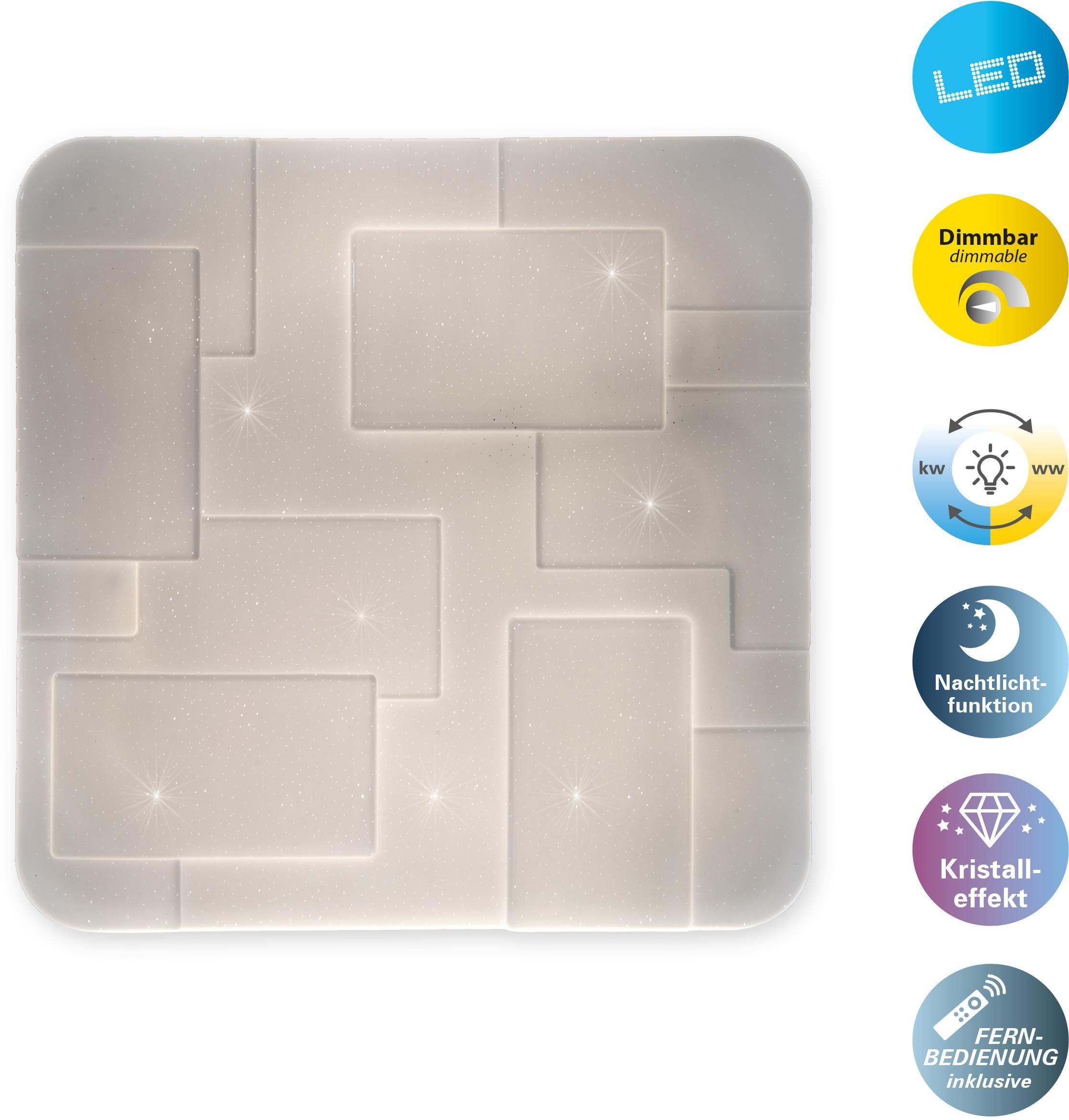 näve Led-plafondlamp LUXOR Kristaleffect, dimbaar, CCT, nachtlicht-/geheugenfunctie,afstandsbediening (1 stuk)
