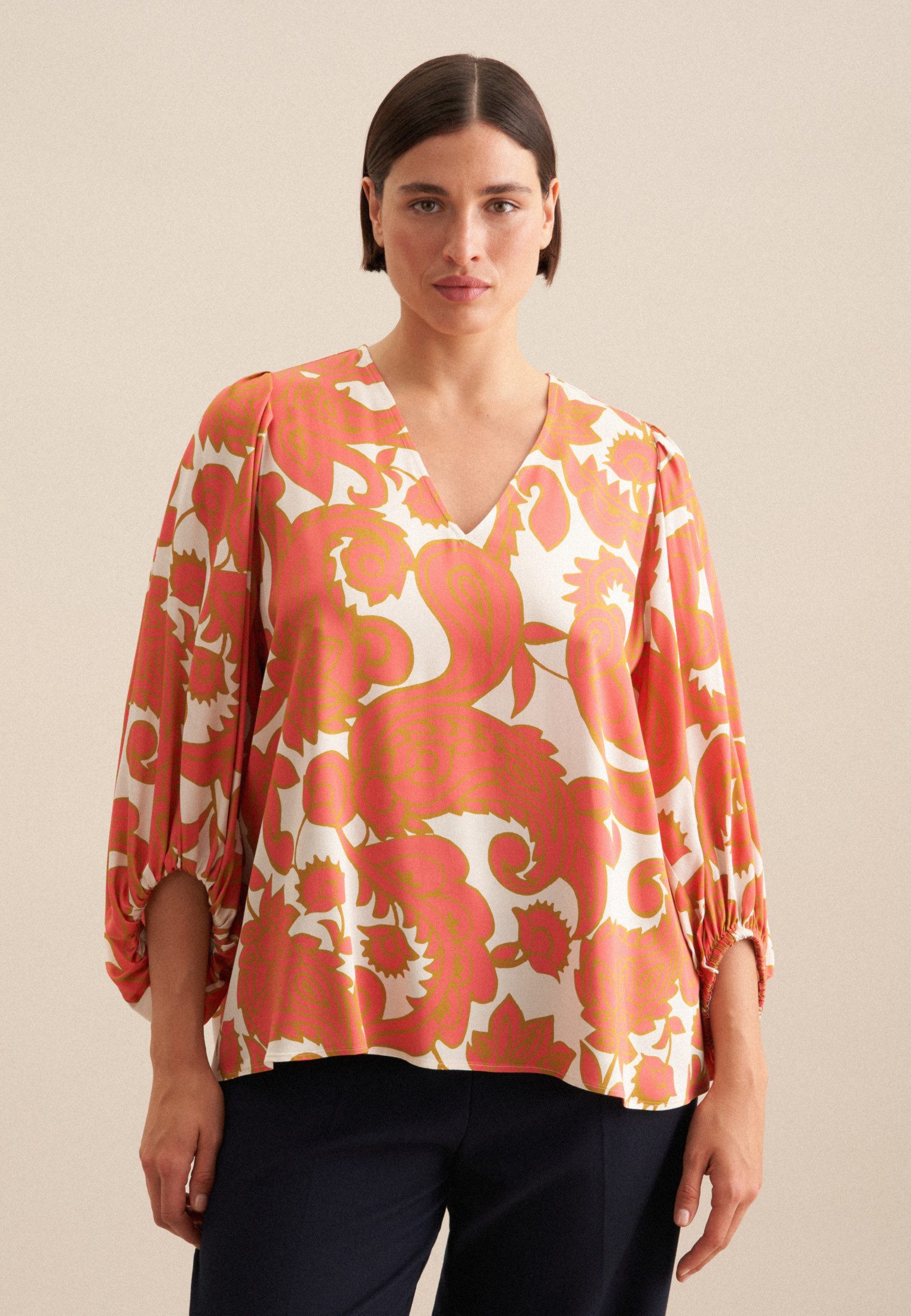 seidensticker Shirtblouse Zwarte roos 3/4-mouw v-hals paisley dames blouses maat 3XL (46) roze