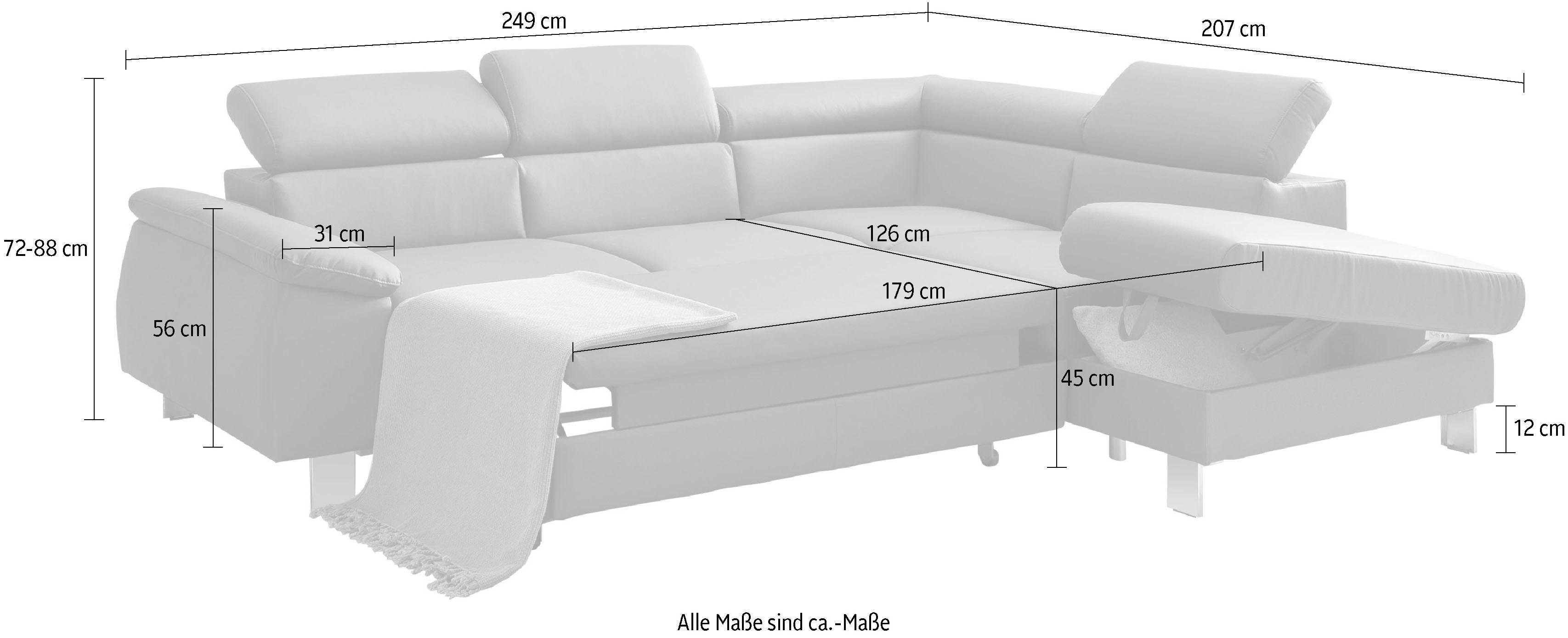 COTTA Hoekbank Komaris L-vorm met hoofdeindeverstelling keuze met bedfunctie, bedlade & verlichting