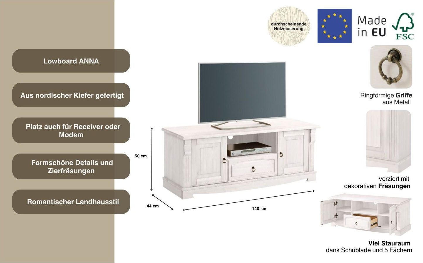 Home affaire Tv-meubel ANNA Breedte 140 cm, 2 deuren, met 1 lade, van massief grenen, FSC®