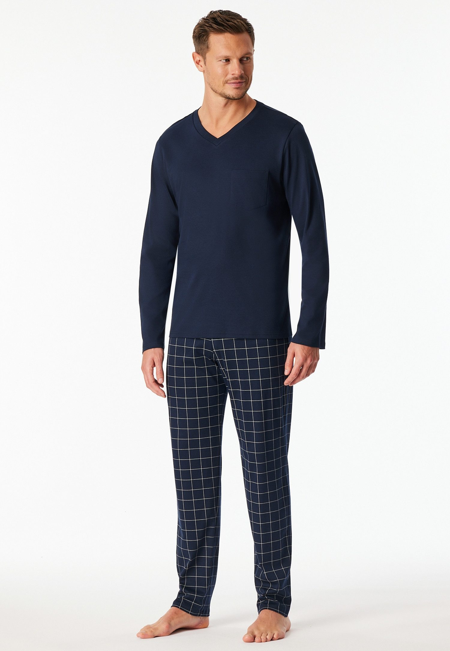 Schiesser Pyjama Fine Interlock Bovenstuk effen, geruite broek, V-hals, lange mouw, katoen (2-delig)