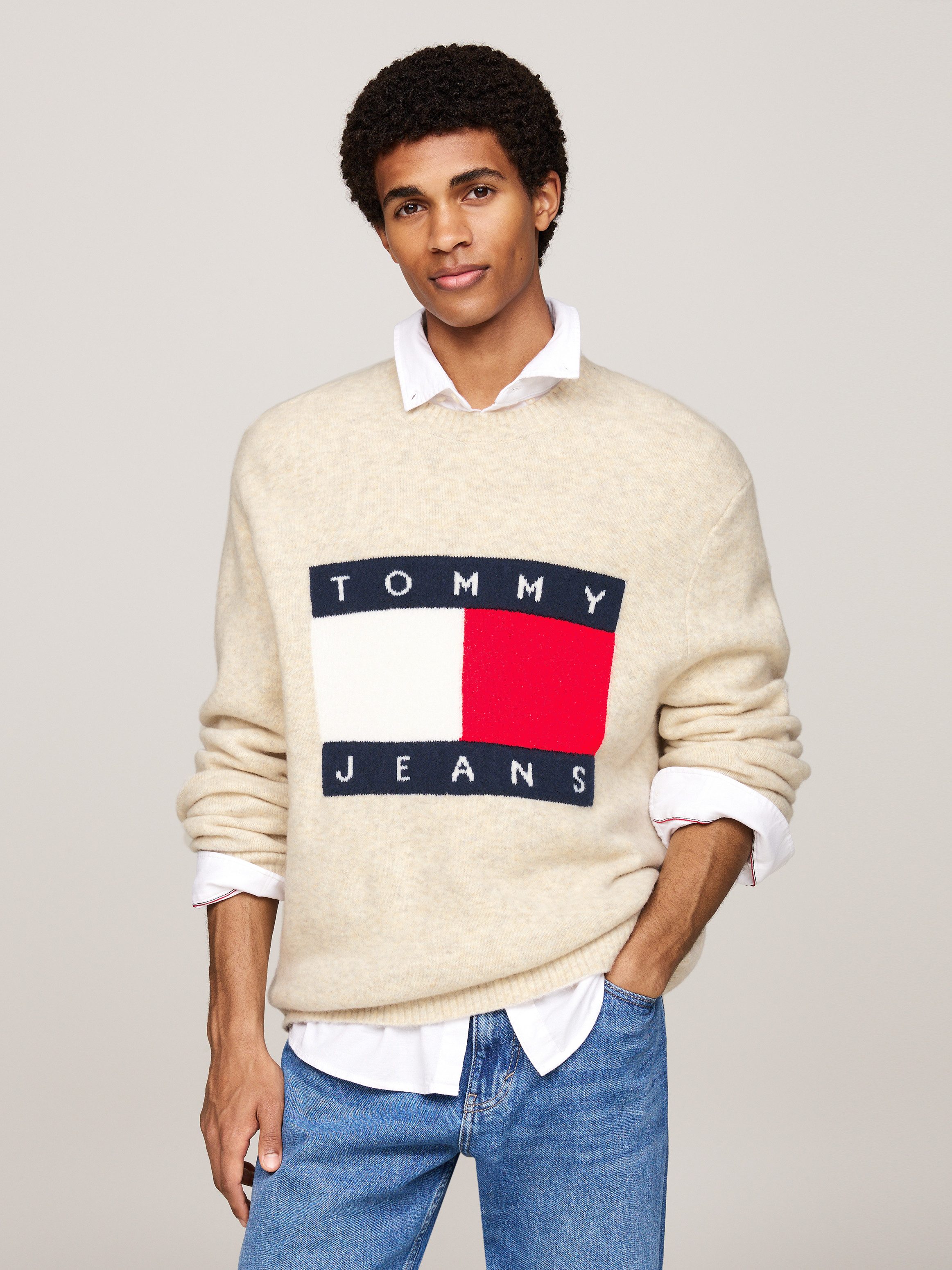 TOMMY JEANS Heren Truien & Vesten Tjm Reg Melange Flag Sweater Beige