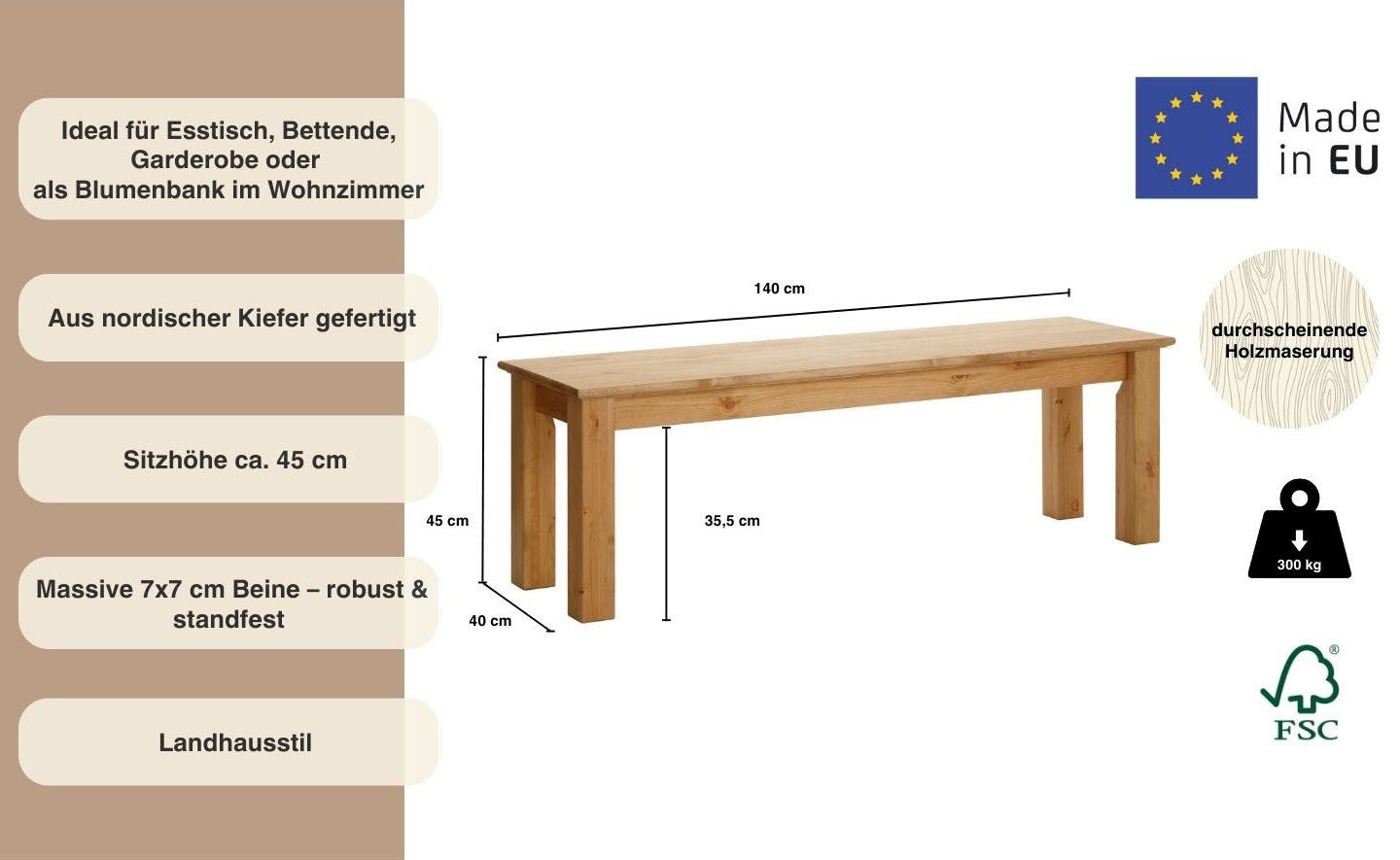 Home affaire Zitbank Breedte 120 cm, van massief, FSC®-gecertificeerd dennenhout