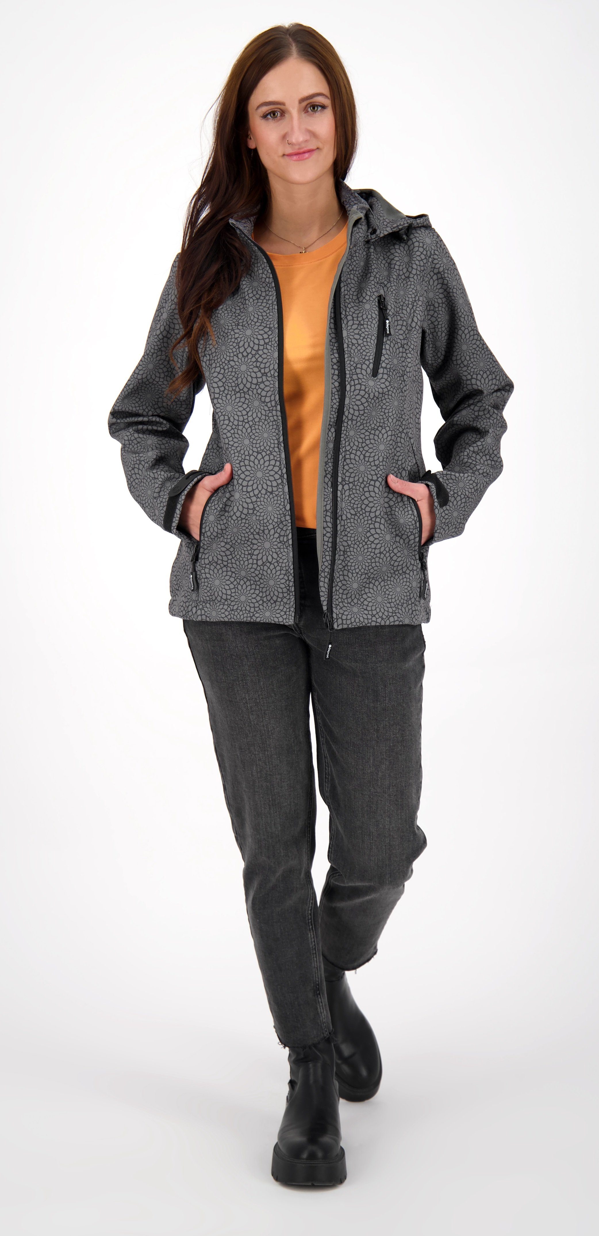 DEPROC Active Softshell-jack SHELBY PEAK DC licht softshell-jack met all-over-print en afneembare capuchon