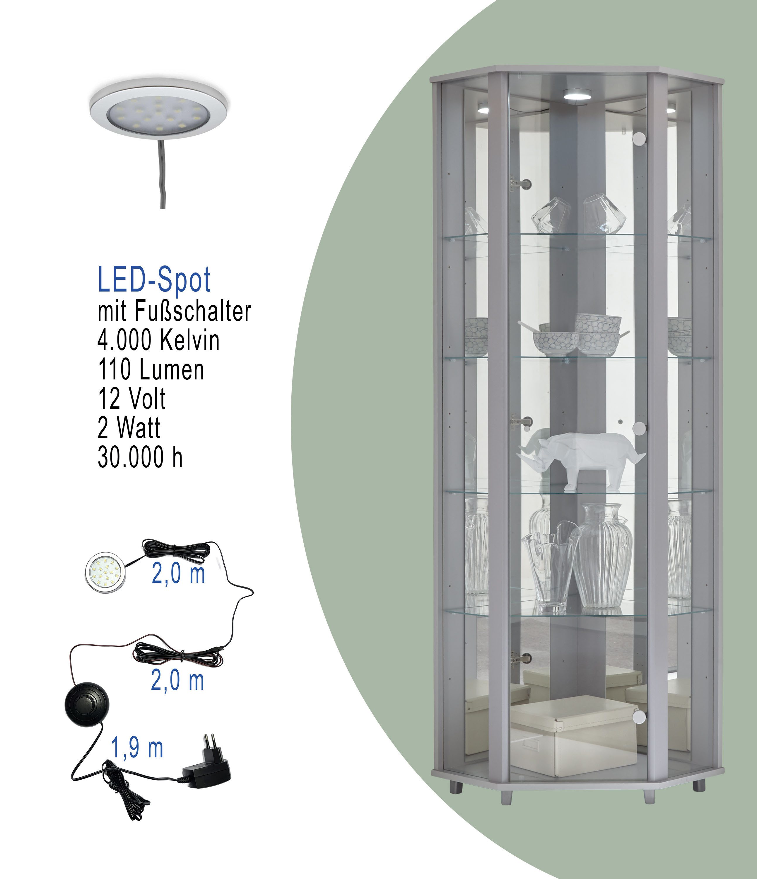 fif möbel Hoekvitrinekast TRIO hoogte ca. 172 cm, incl. verlichting Hoekvitrine/Glasvitrine 1x Glazen deur, perfect voor verzamelaars, verzamelvitrine