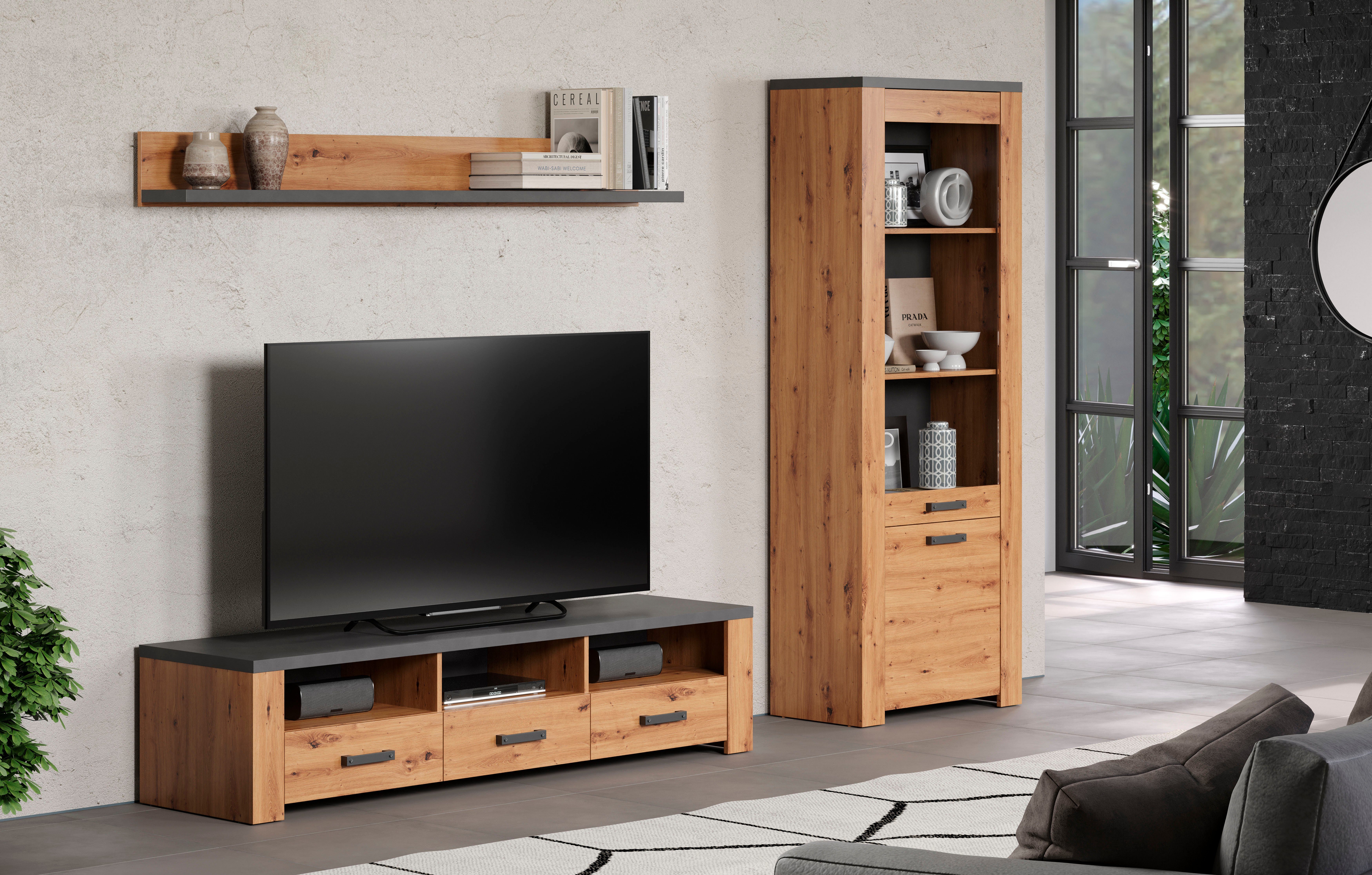 Home affaire Tv-wandmeubel Ambres Kleine, moderne tv-set, look van echt hout, breedte ca. 268 cm, mat (3-delig)