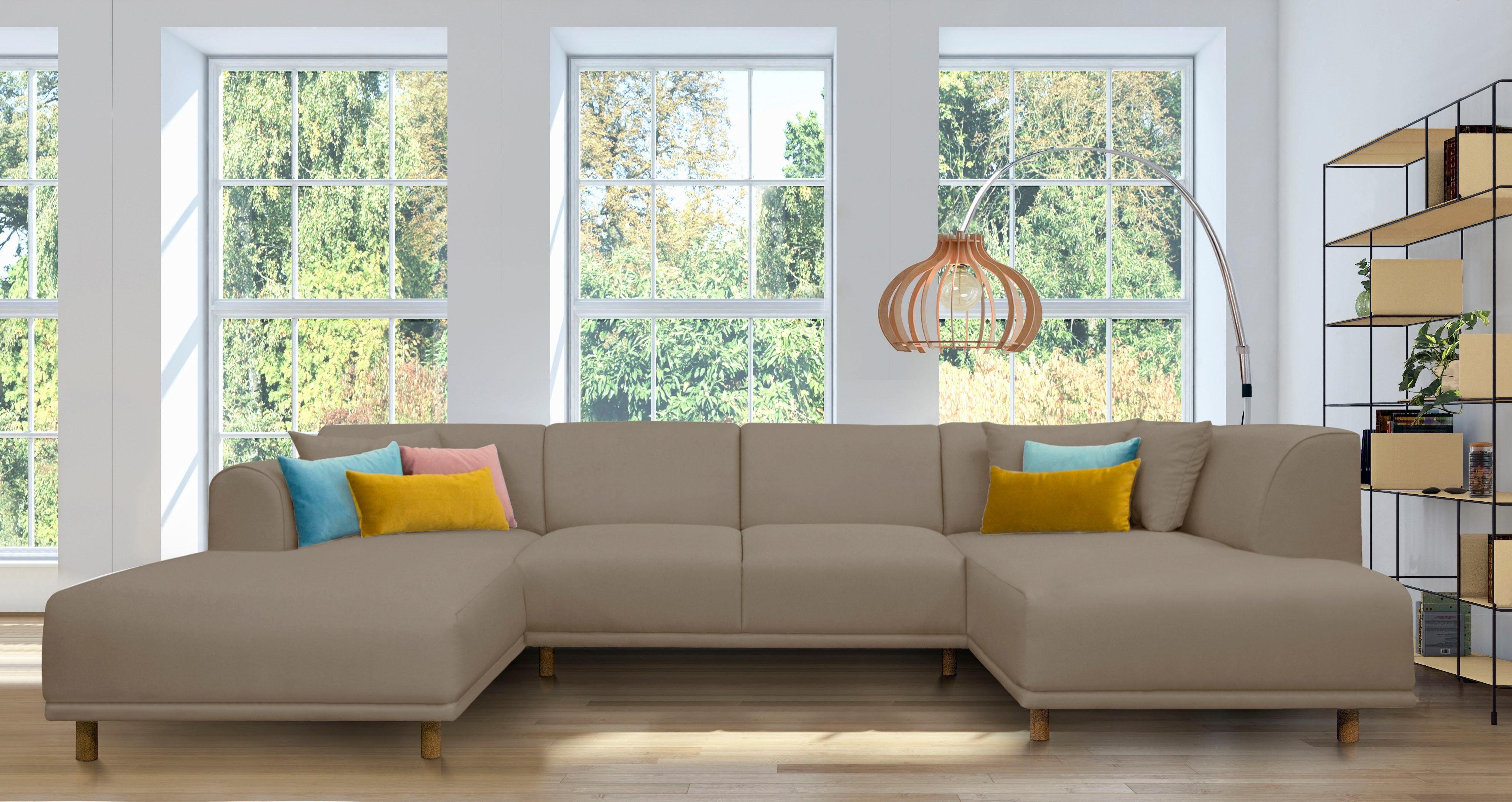 andas Zithoek Maroon U-vorm in een scandinavisch design, met losse kussens beige, zithoeken, 358 cm