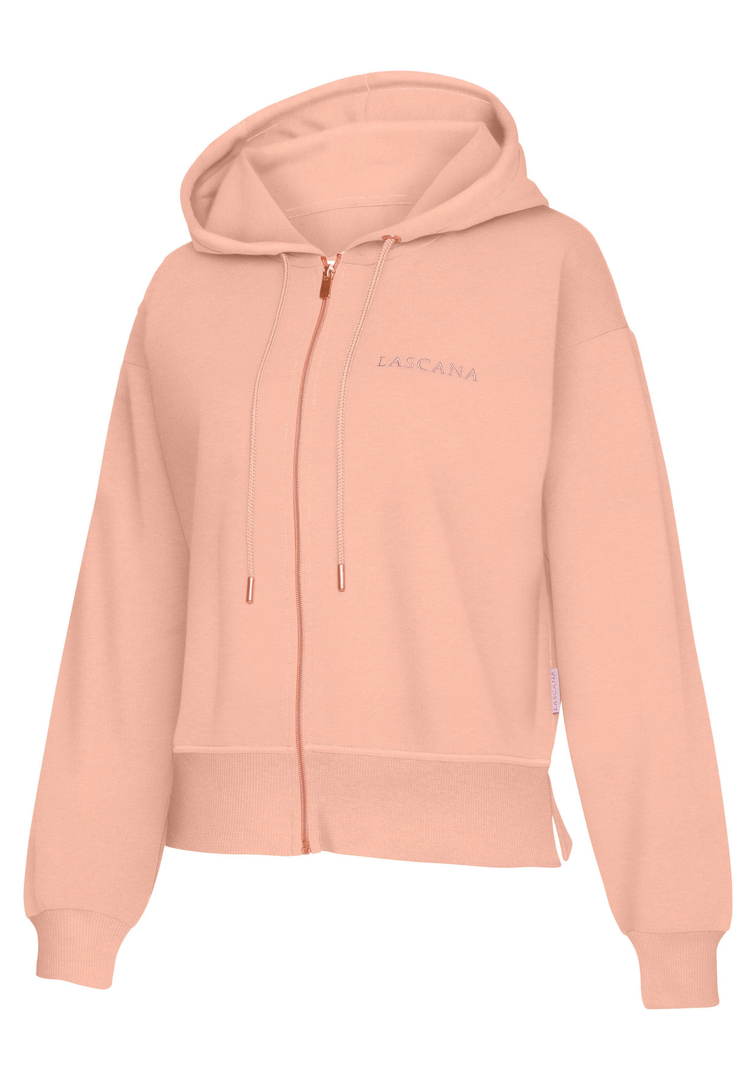 Lascana Capuchonsweatvest Homewear met koperkleurige rits en logo-borduursel, loungewear