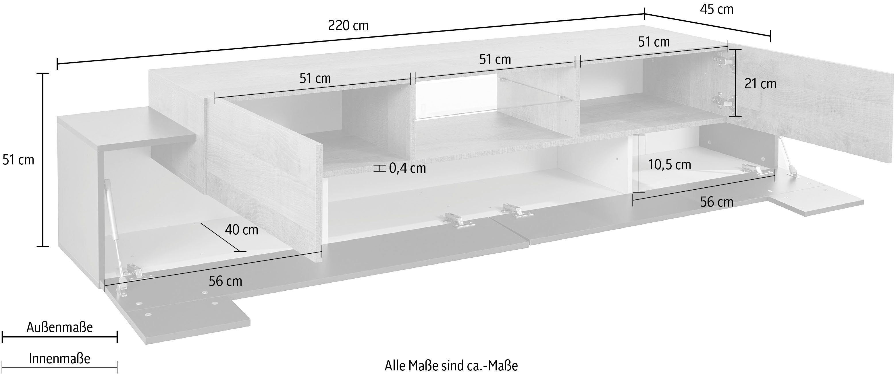 INOSIGN Tv-meubel Coro, lowboard, TV-commode, TV-meubelen, TV-bank met 2 kleppen, 2 deuren, 1 glazen plank, breedte 220