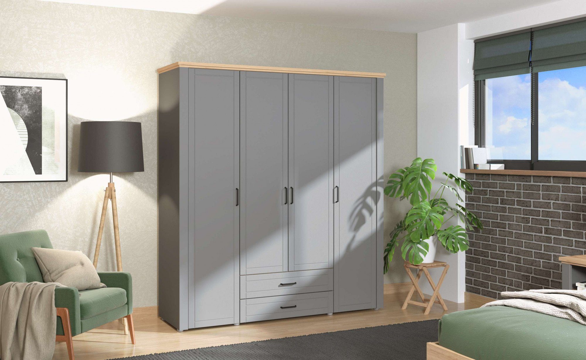 Home affaire Kledingkast Valencia, complete binneninrichting en 2 lades, 190 cm breed Slaapkamerkast met landhuis cassette-look en zwarte handgrepen