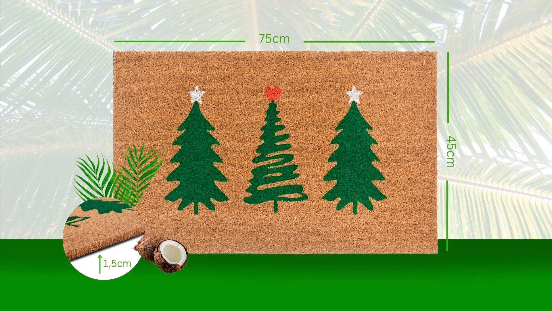 HANSE Home Mat Mix Mats Kokos Decorated Pine Trees Kerstmis, vuilafstotende mat, buiten, antislip, binnen, kokosmat