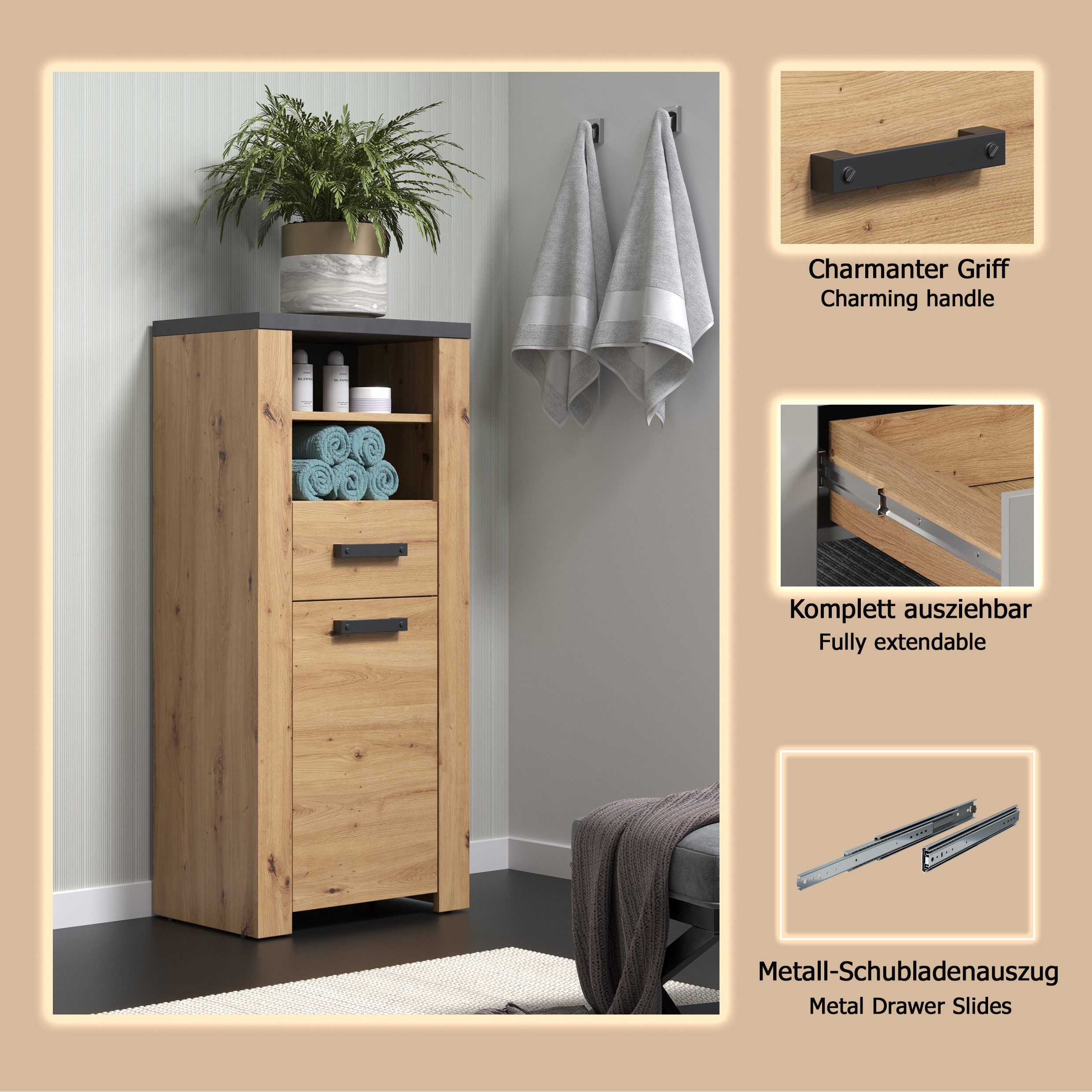 welltime Halfhoge kast Ambres Badkamerkast in matte echt houtlook - afmetingen (B/D/H) 53/35/118 cm (1 stuk)