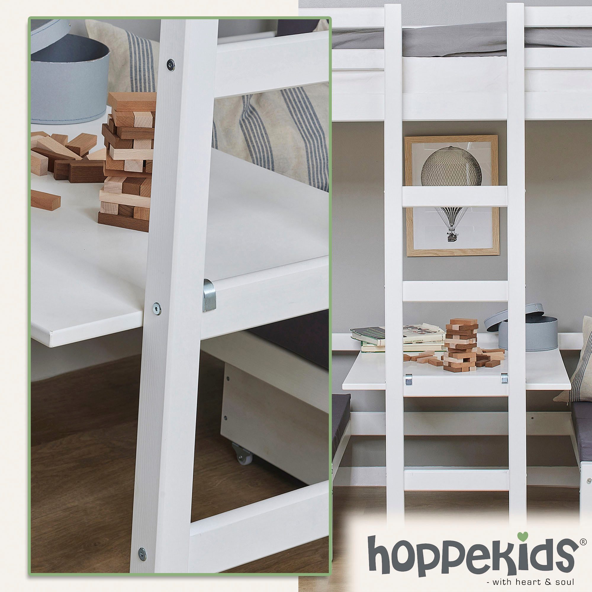 Hoppekids Hoogslaper Kinderbett ECO Dream, Einzelbett, Juniorbett 90x200 met zitgroep, matrassen (boven en onder) in roze, massief dennenhout/mdf