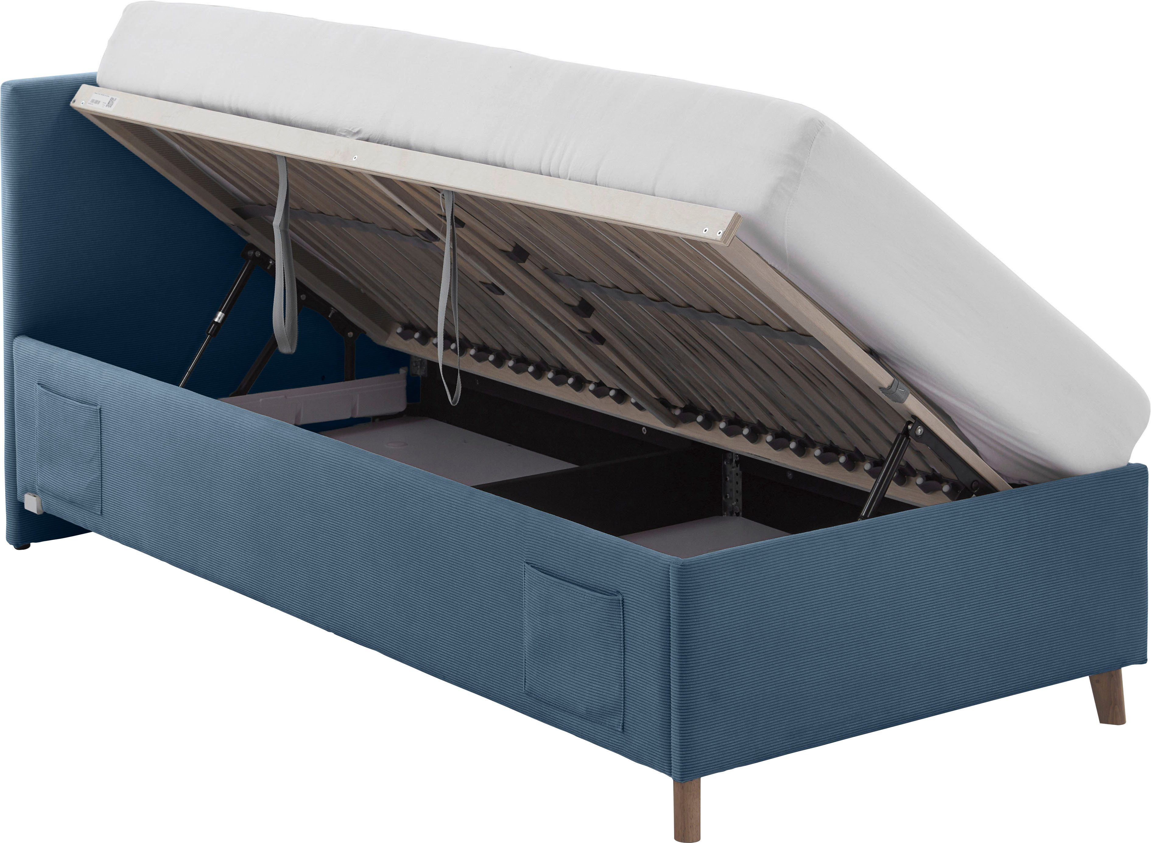 meise.möbel Kinderledikant Blauw Bekleed bed naar keuze met bedkist, tienerbed inclusief USB-aansluiting