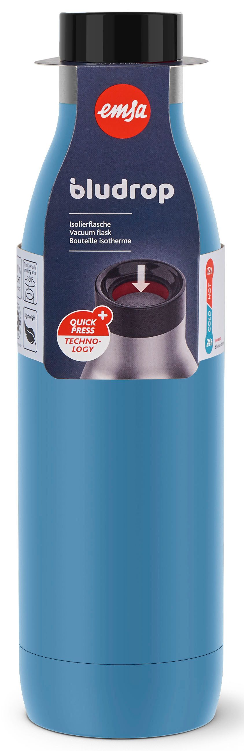 Emsa Thermosfles Drinkfles Bludrop Roestvrij staal, Quick-Press deksel, 360° drinkplezier, 12 uur warm/24 uur koel (1-delig)