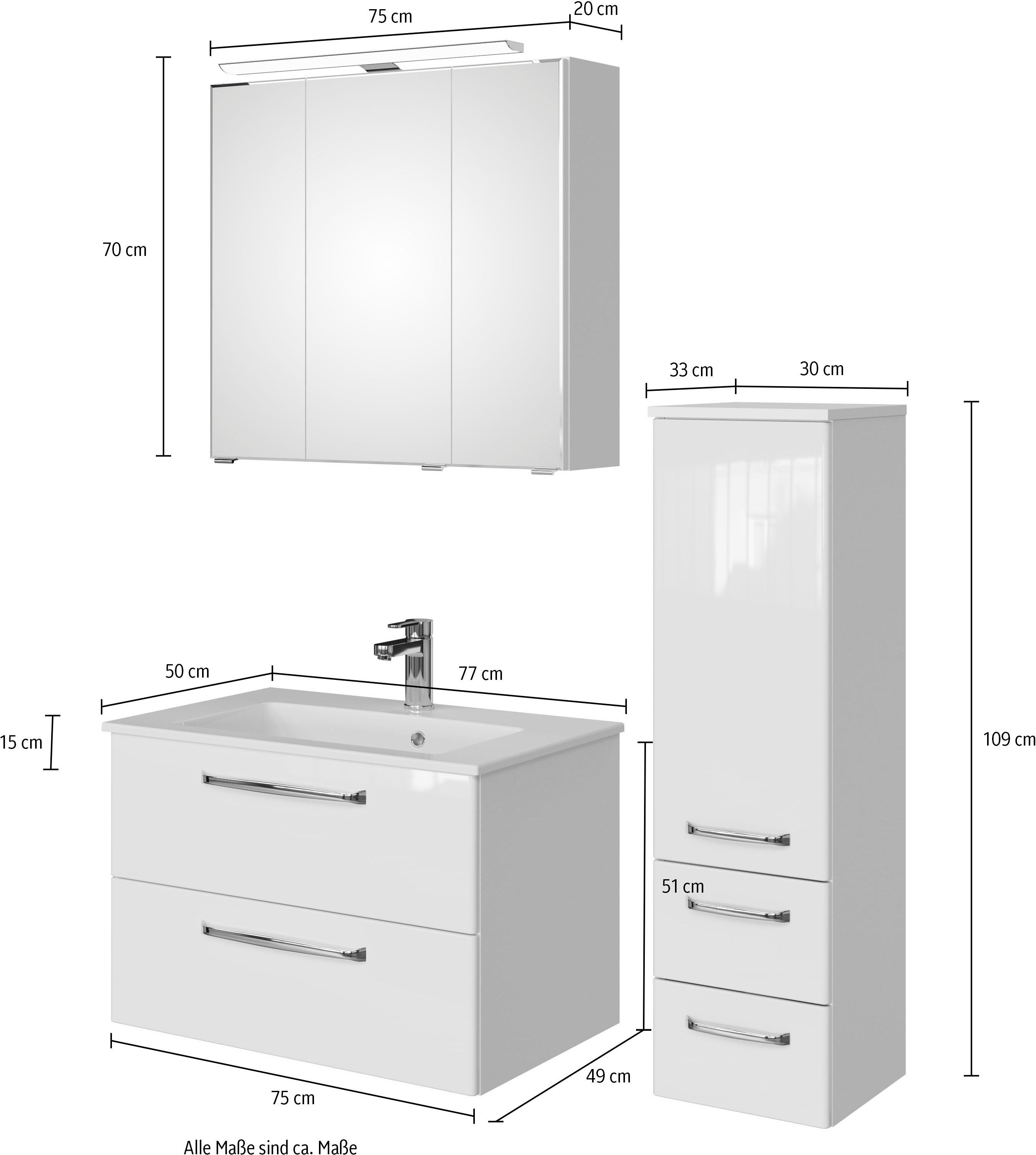 Saphir Badmeubelset Trentino 3-delig mineralen marmer wasbak, LED spiegelkast (4 stuks)