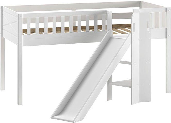 Vipack Hoogslaper Scott m. oprolbare bedbodem, ligoppervlak 90 x 200 cm, wit gelakt grenen, met of zonder glijbaan